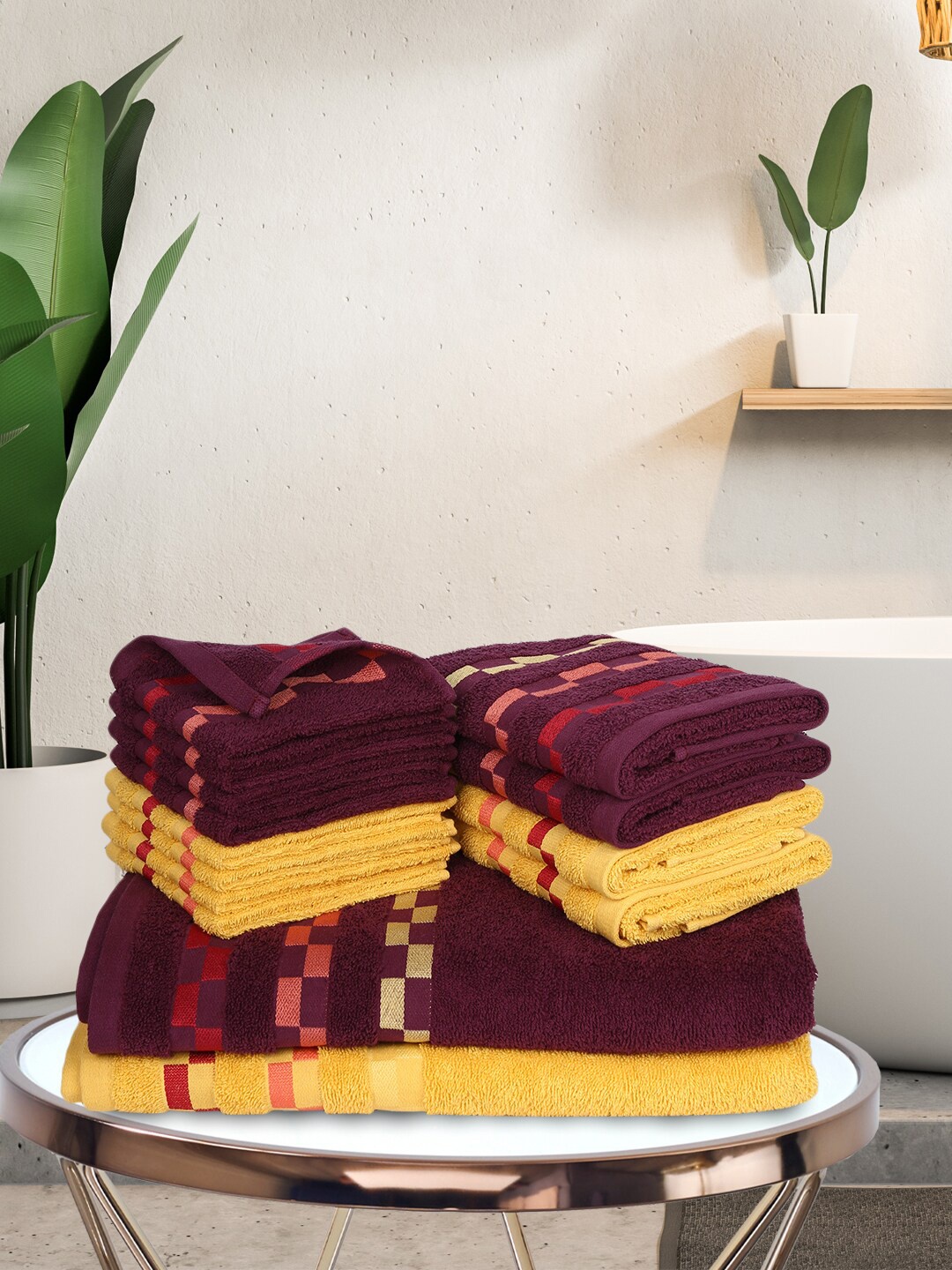 

BIANCA Set Of 14 Maroon & Yellow Pure Mercerized Cotton 450 GSM Bumpy-Stripes Towels