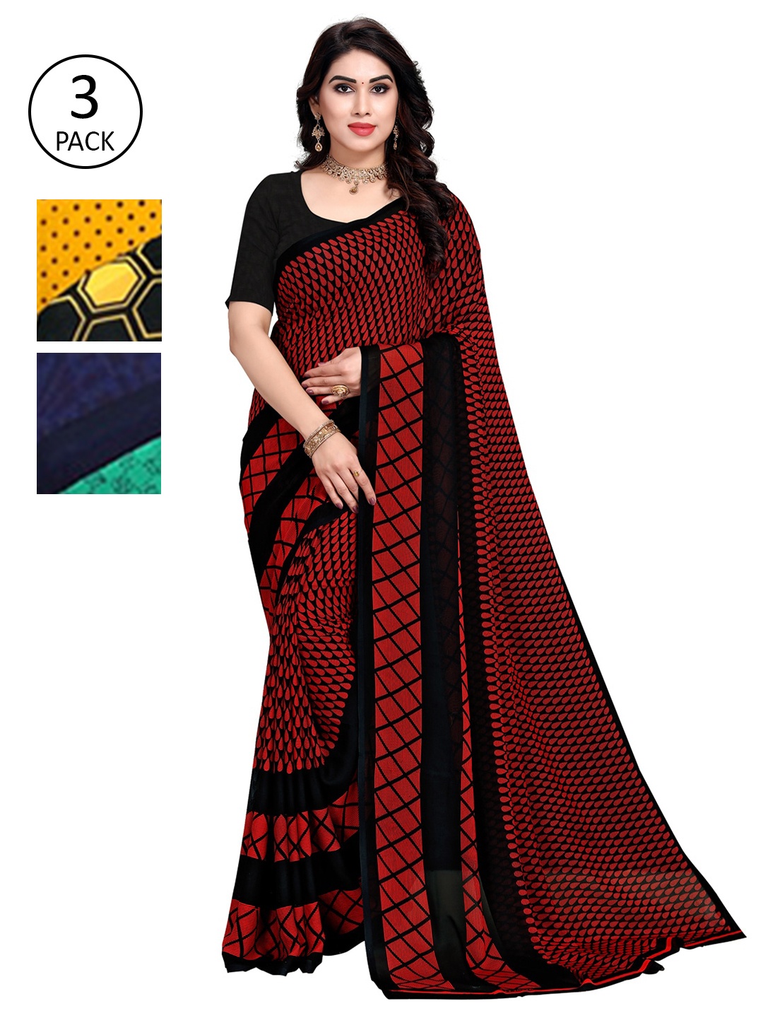 

KALINI Pack of 3 Printed Sarees, Maroon