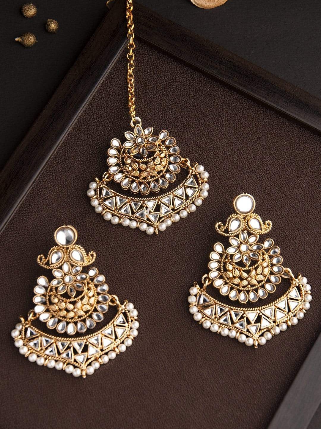 

Rubans Gold-Plated White Kundan-Studded Traditional Handcrafted Jewellery Set