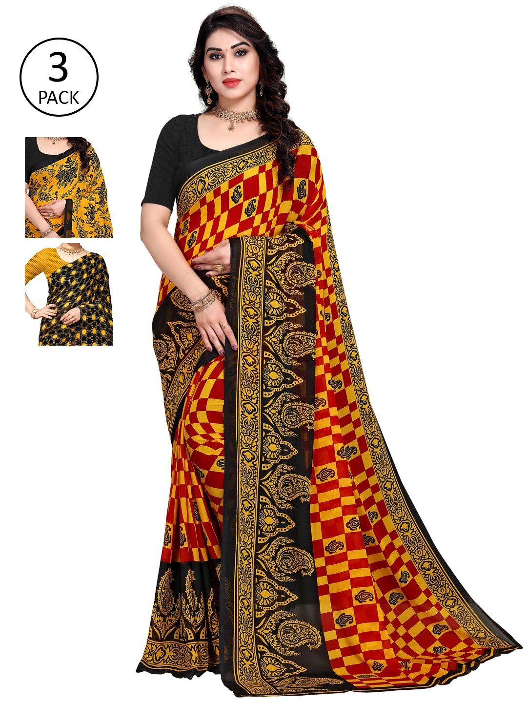 

KALINI Black & Yellow Pack of 3 Printed Saree