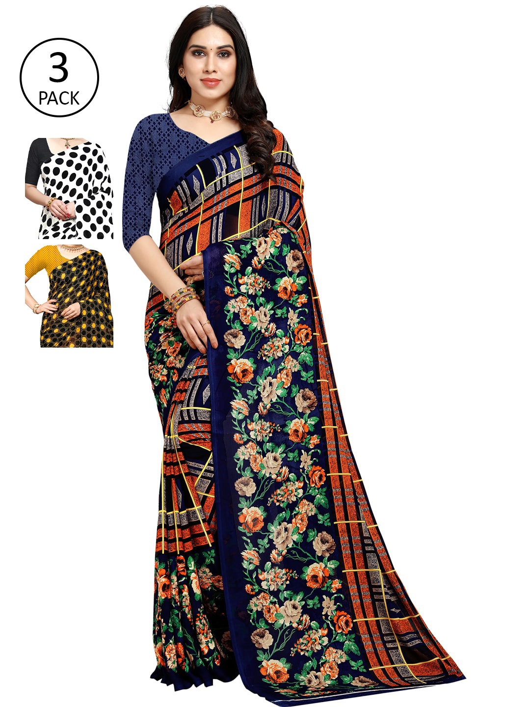 

KALINI Pack of 3 Printed Poly Georgette Saree, Multi