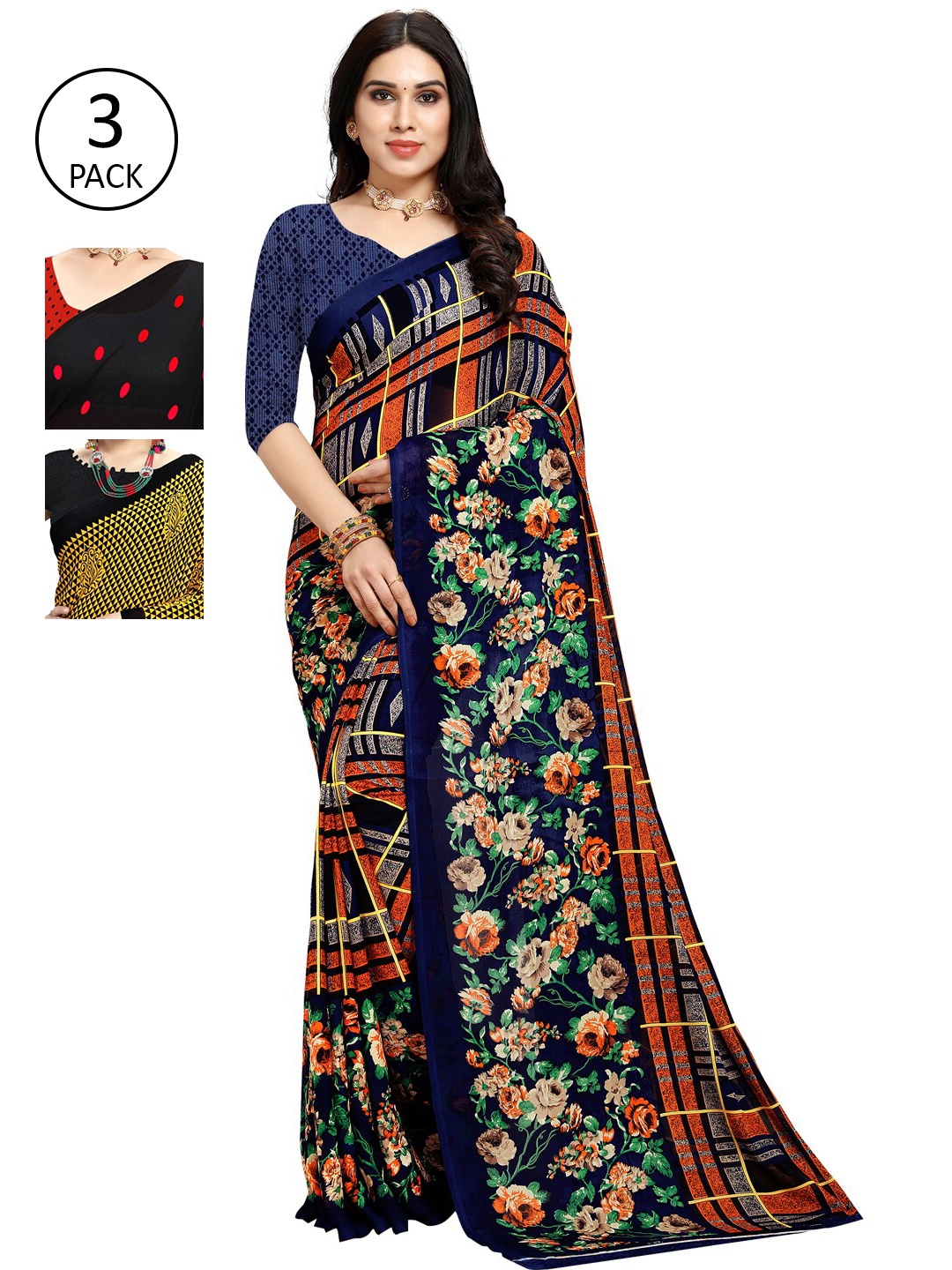 

KALINI Women Pack of 3 Printed Sarees, Yellow