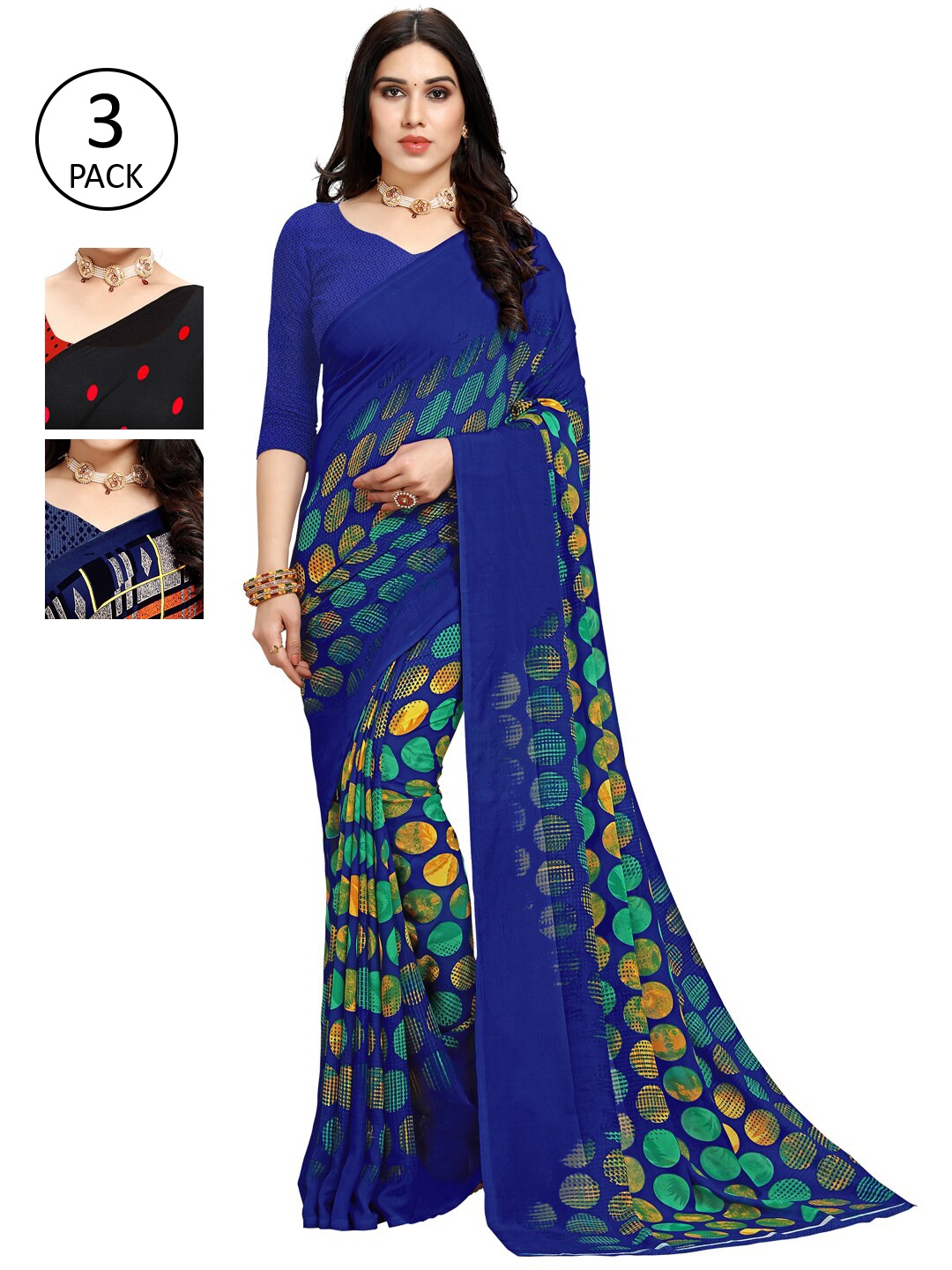 

KALINI Pack of 3 Poly Georgette Printed Sarees, Orange