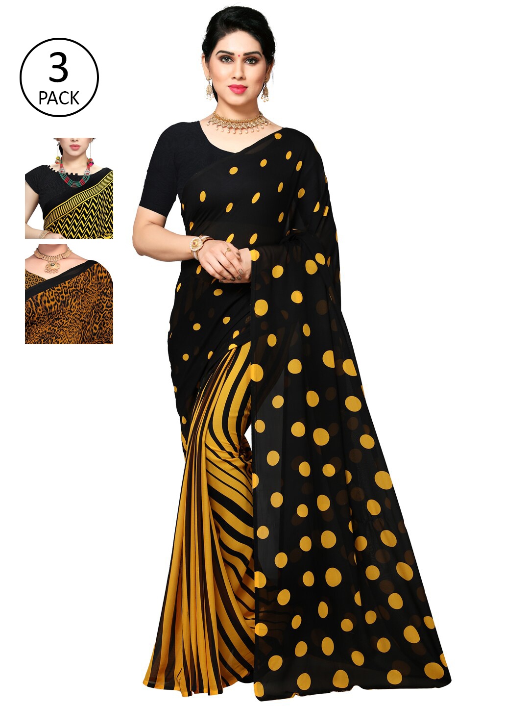 

ANAND SAREES Pack of 3 Poly Georgette Printed Sarees, Mustard
