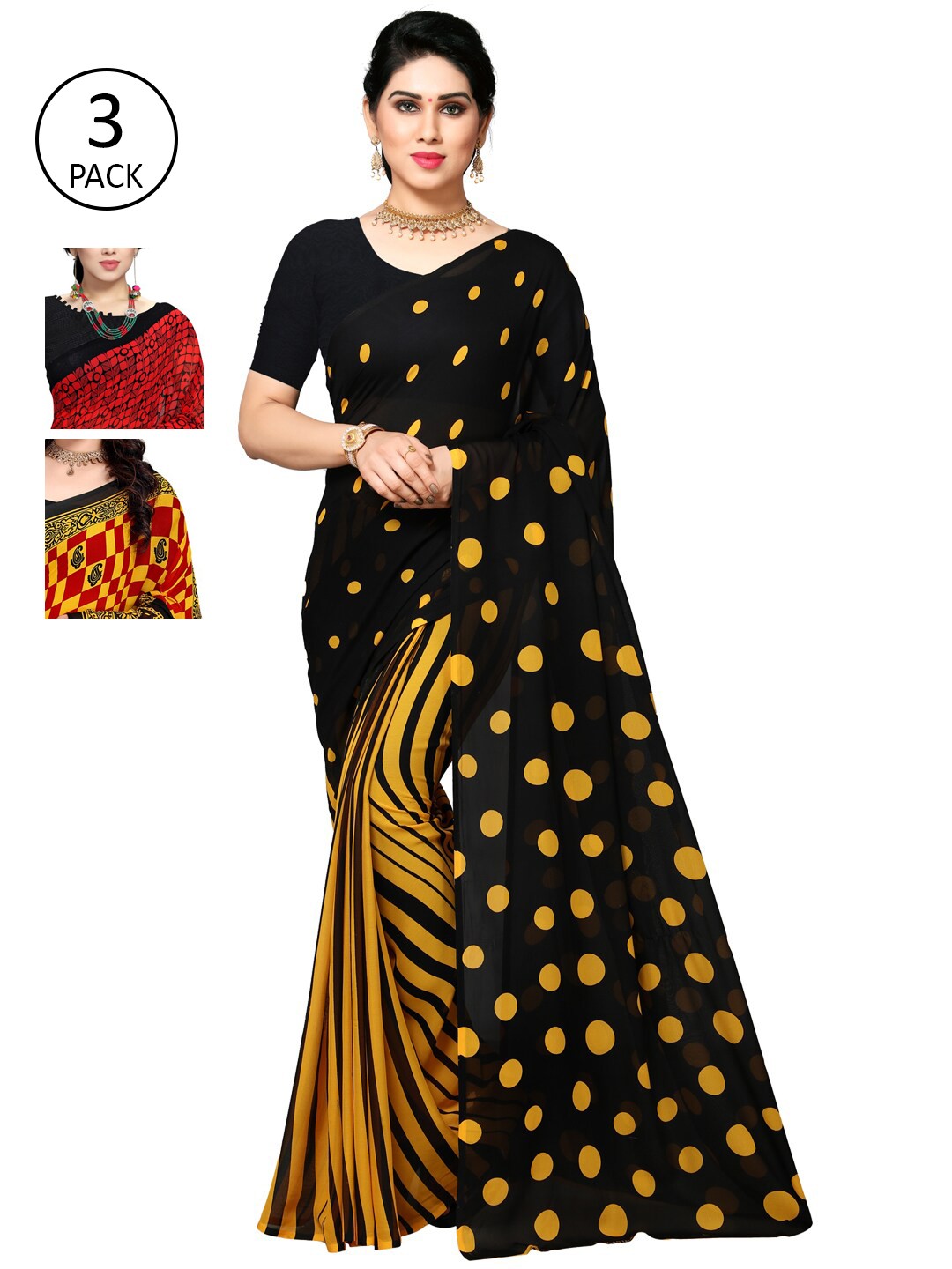 

KALINI Pack Of 3 Poly Georgette Sarees, Black