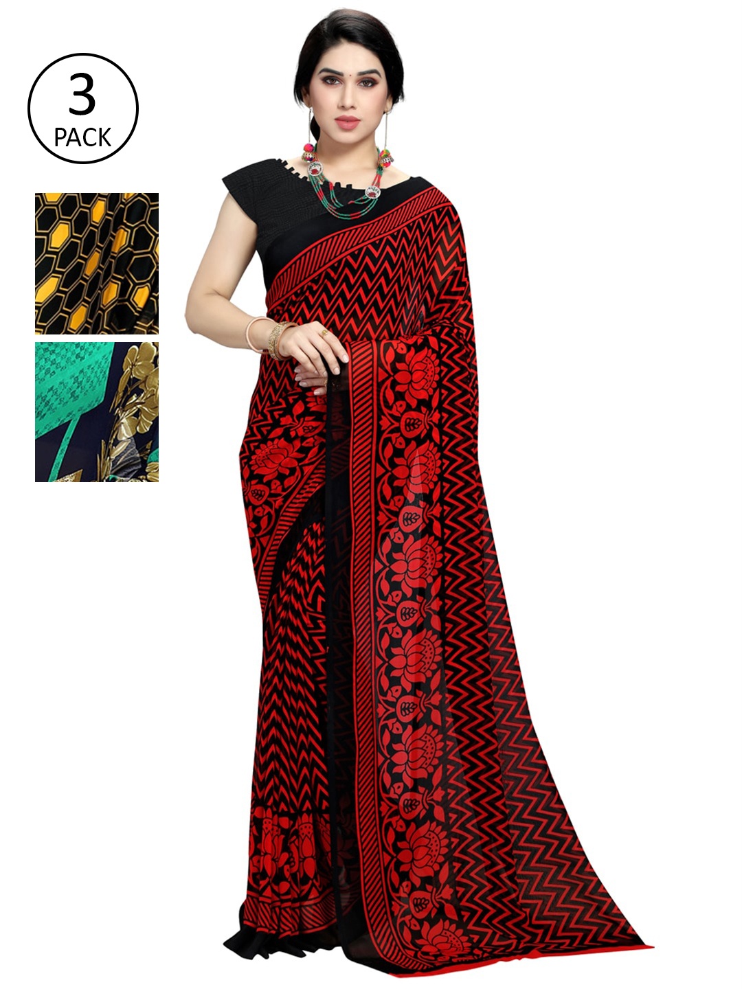 

KALINI Pack of 3 Poly Georgette Sarees, Yellow