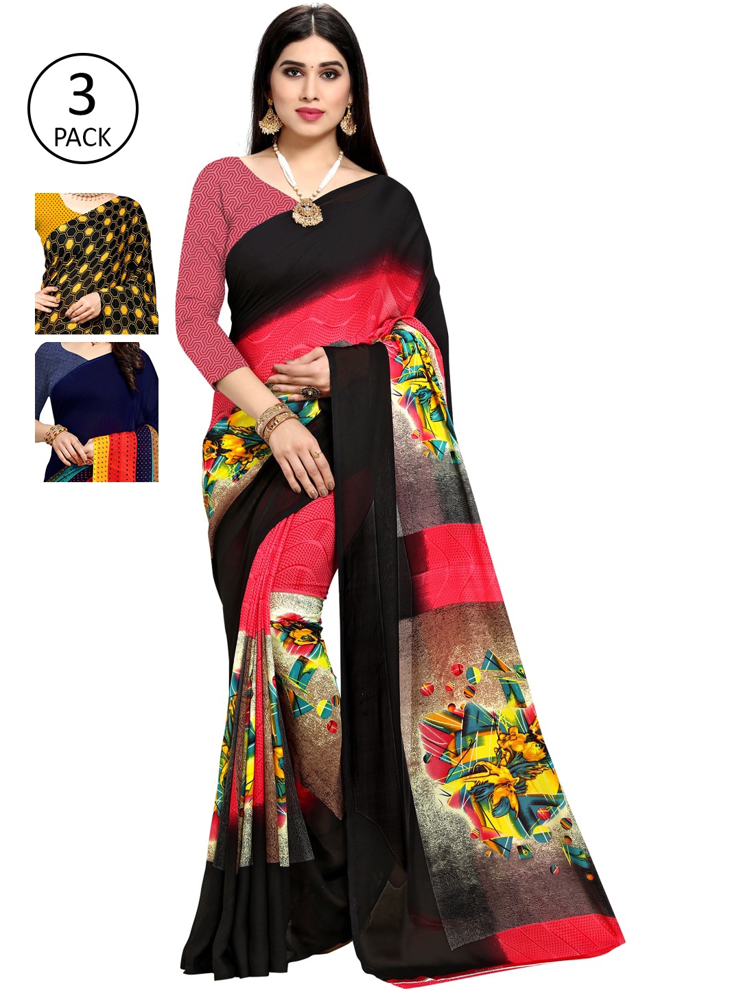 

KALINI Pack of 3 Printed Sarees, Pink