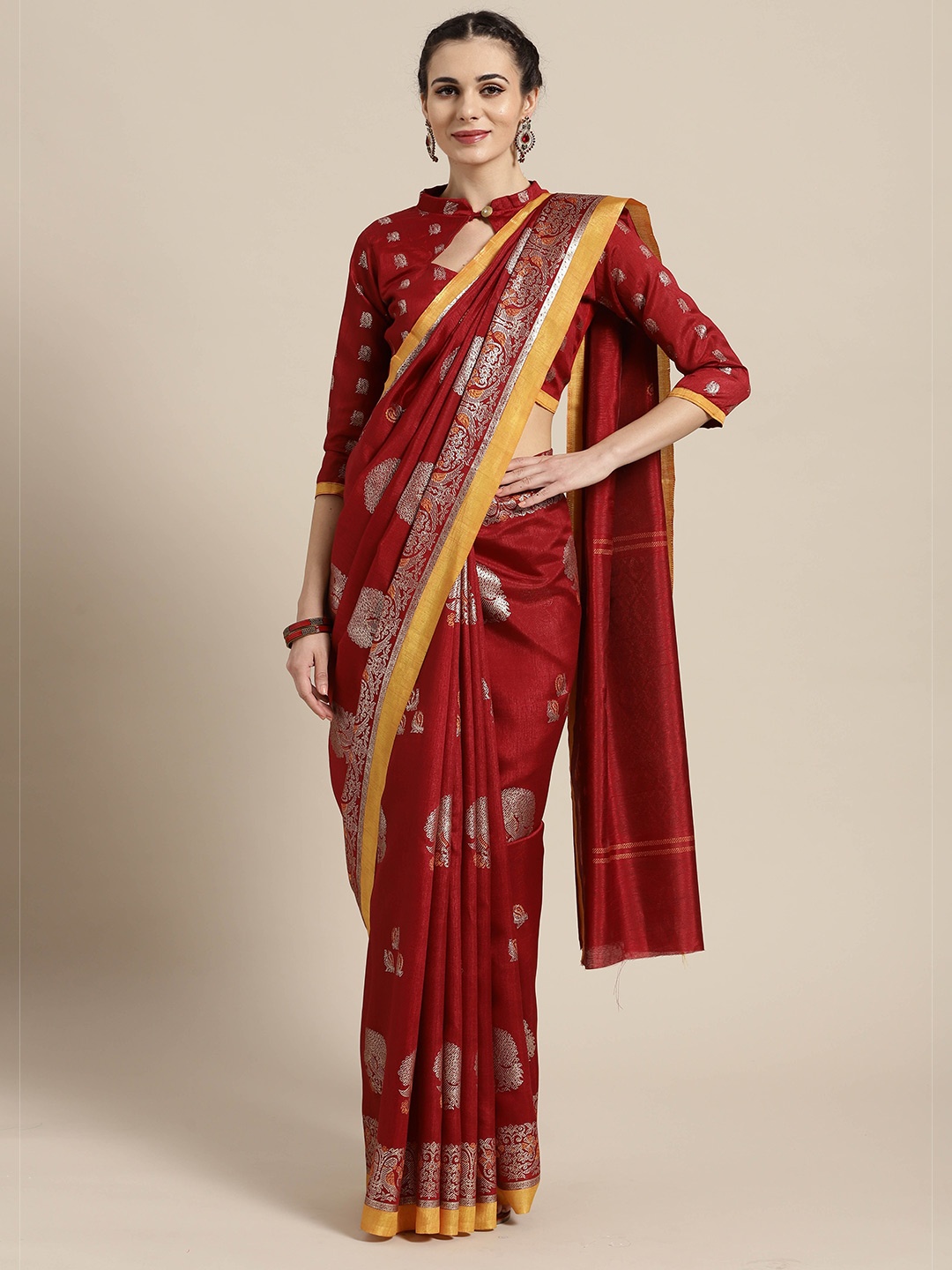 

Saree mall Maroon & Yellow Ethnic Motifs Art Silk Sarees
