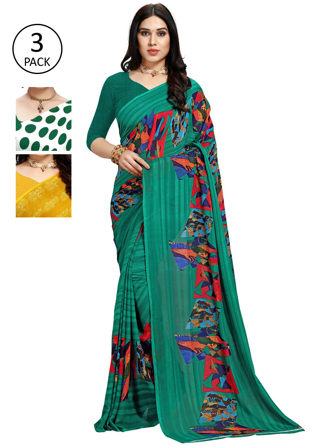 

KALINI Women Pack of 3 Printed Poly Georgette Sarees, White