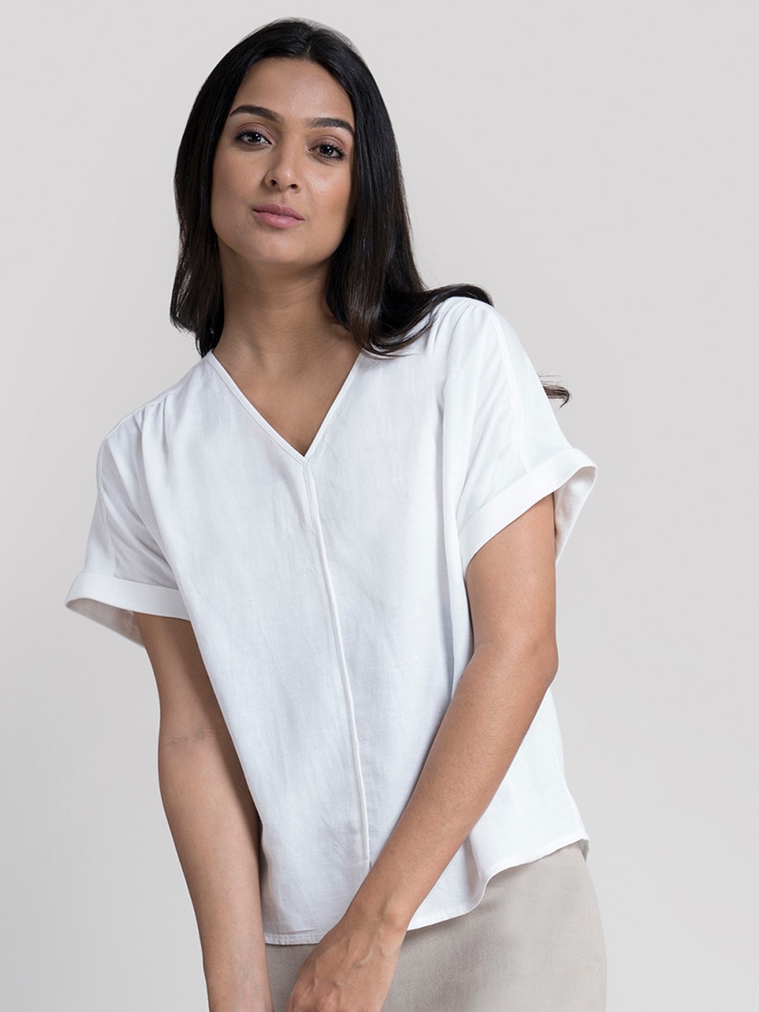 FableStreet Women White Extended Sleeves Cotton Top