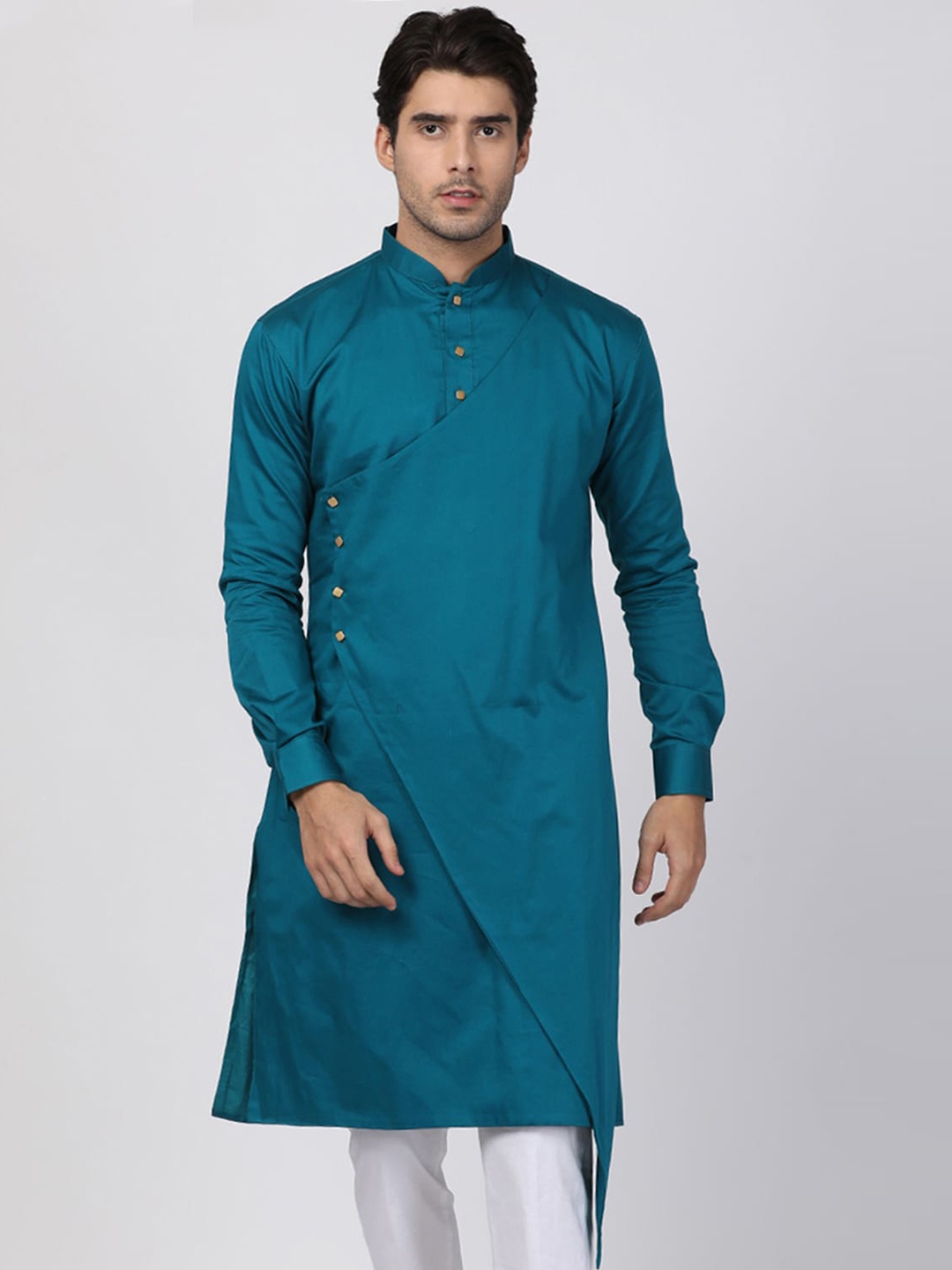 

VASTRAMAY Men Teal Blue Cotton Satin Blend Kurta