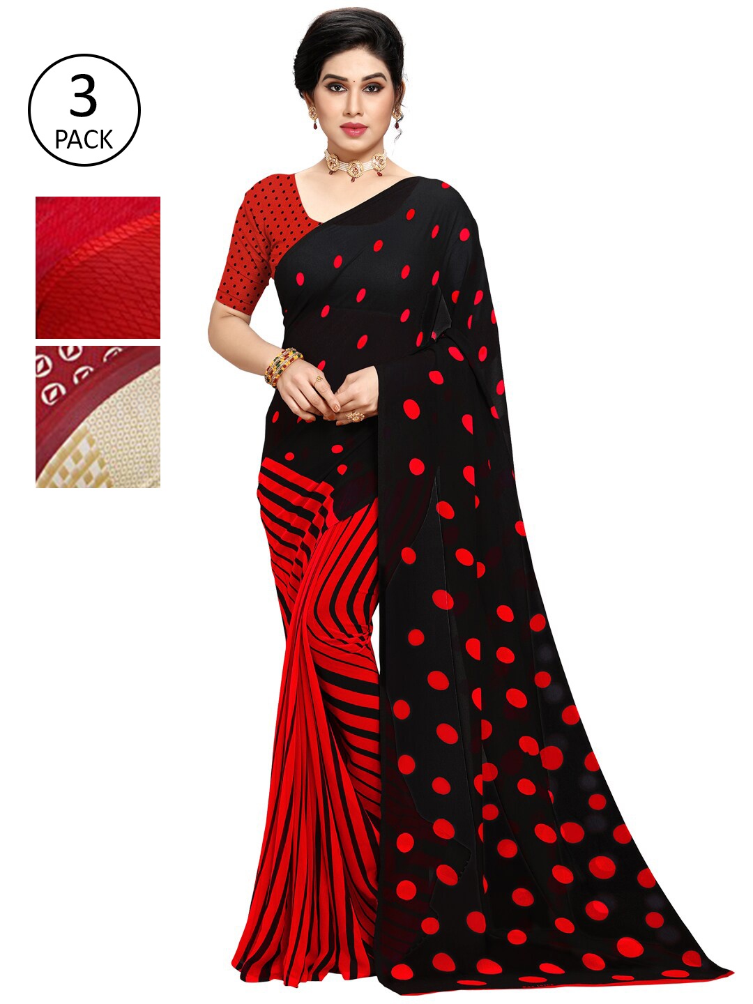 

KALINI Pack Of 3 Poly Georgette Sarees, Black