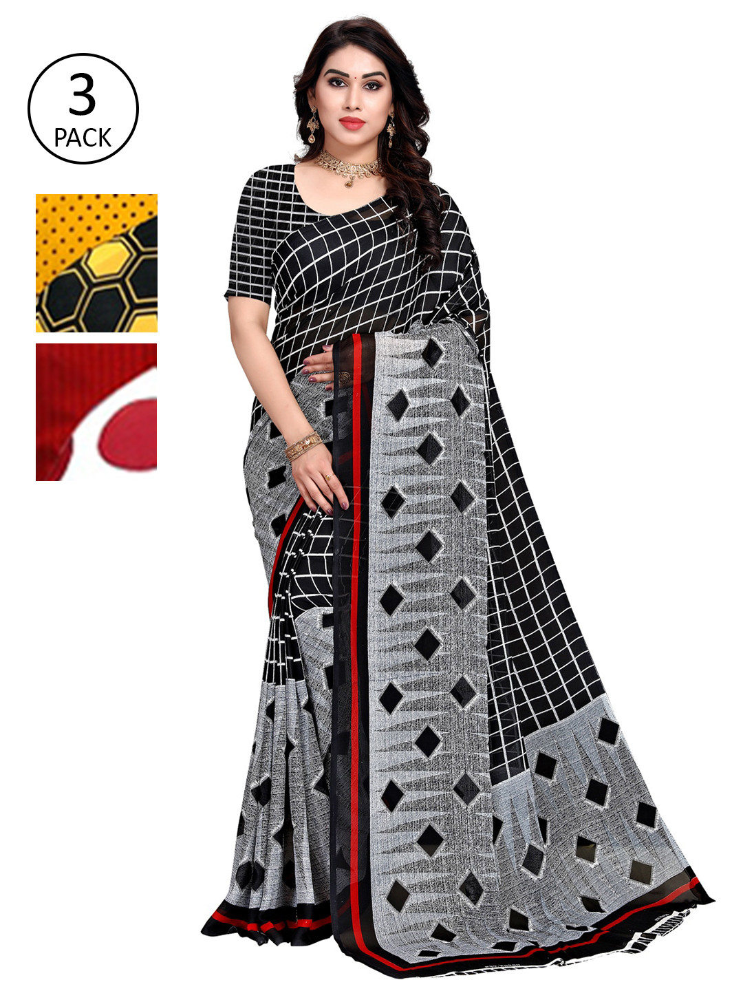

KALINI Pack of 3 Printed Sarees, Black