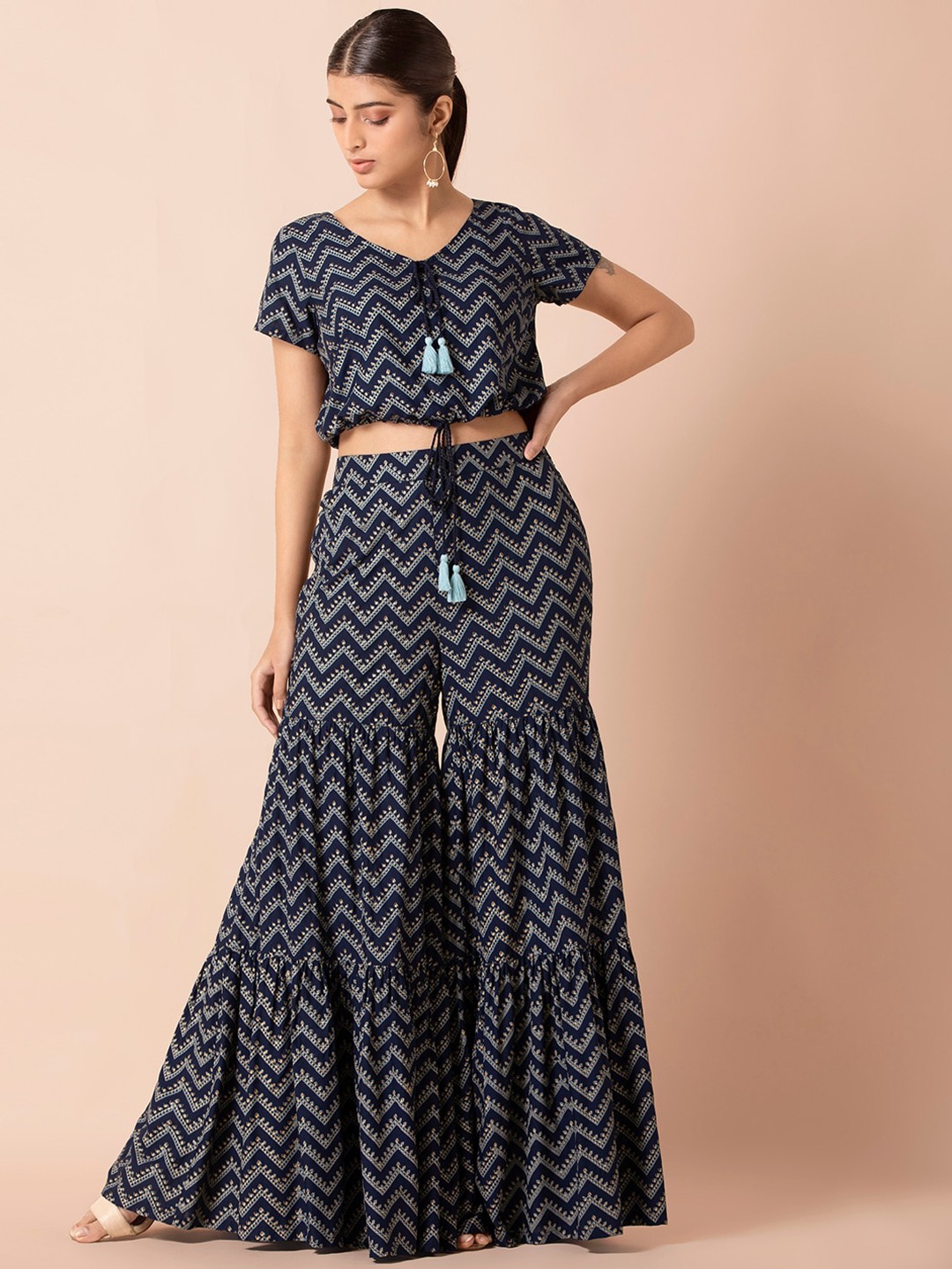 

INDYA Women Blue Geometric Foil Drawstring Crop Top and Sharara Pants Set