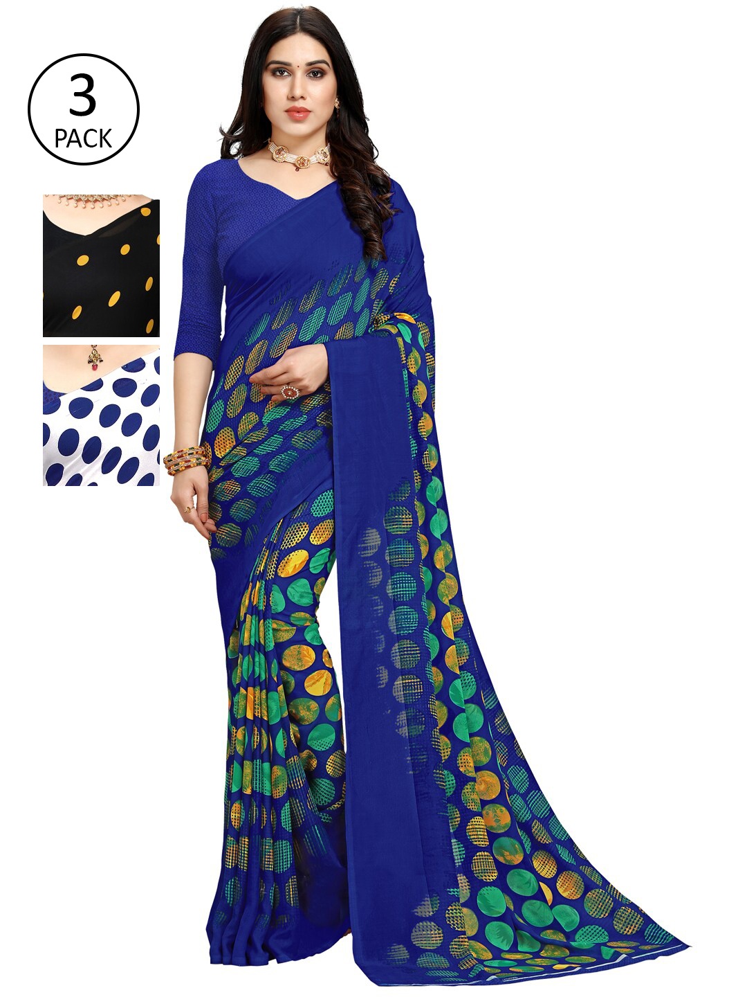 

KALINI Women Pack of 3 Printed Poly Georgette Sarees, Black