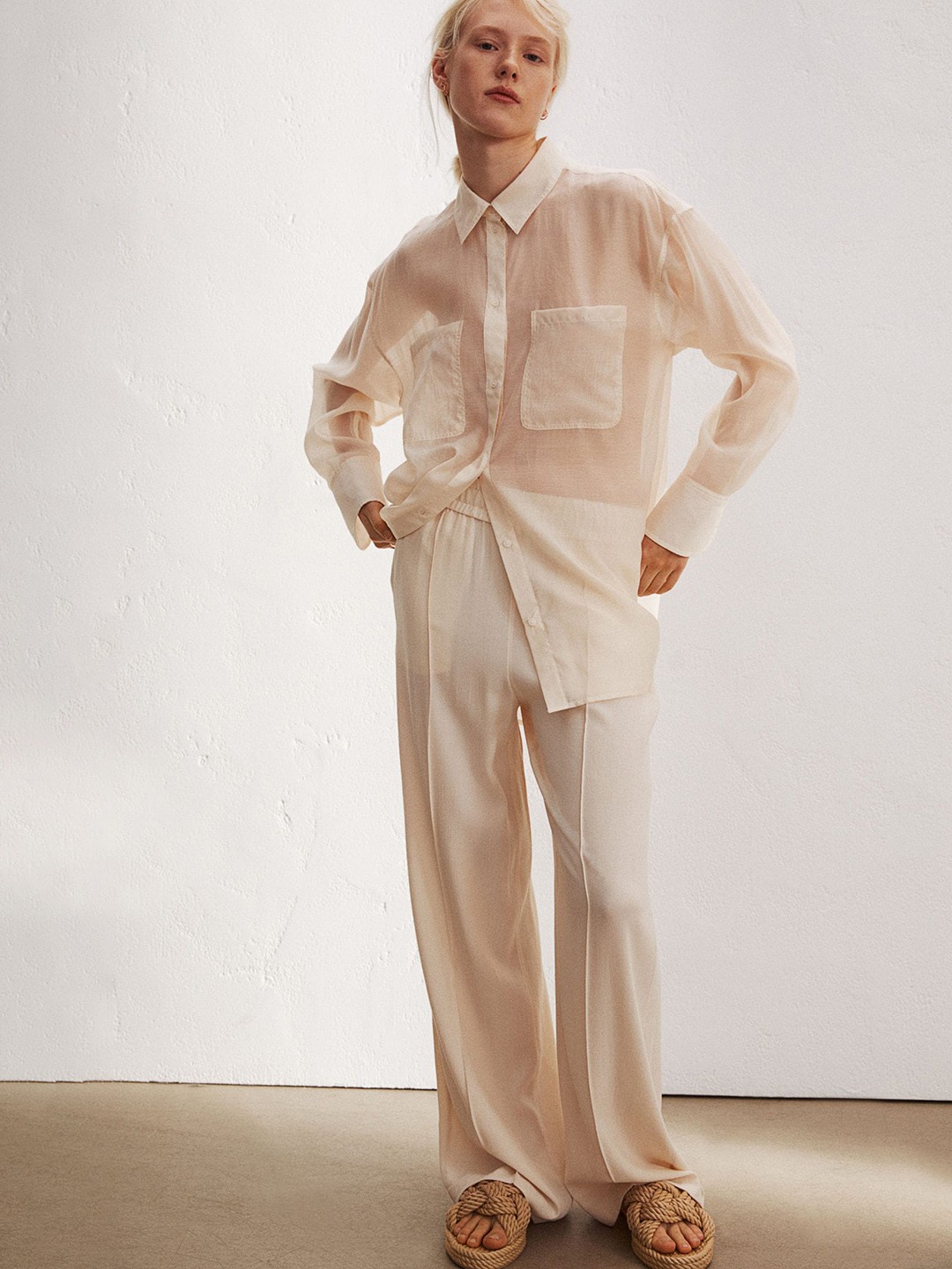 

H&M Women Beige Airy Lyocell-Blend Shirt