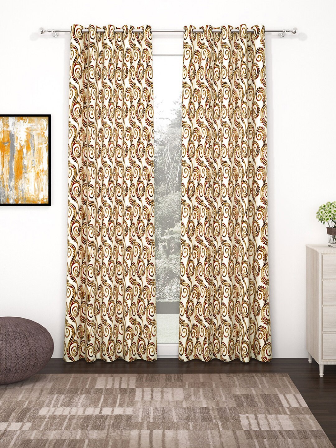 

Bedspun Set Of 2 Cream & Yellow Polyester Eyelet Ringtop Door Curtains