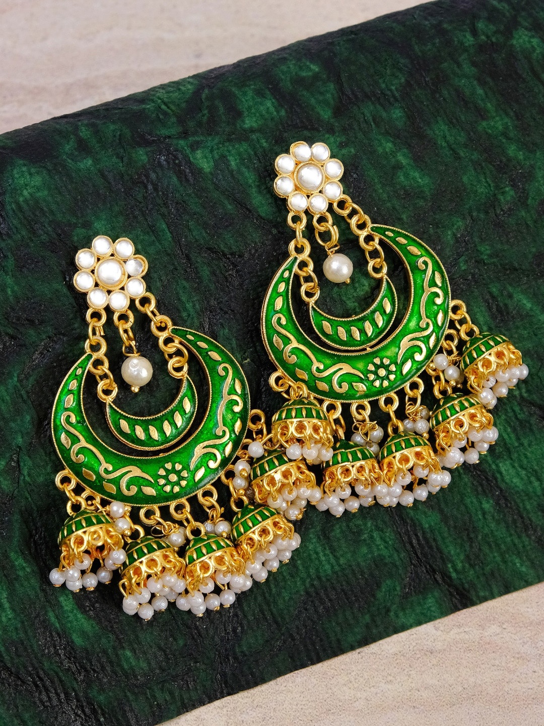 

Crunchy Fashion Green & Gold-Plated Classic Chandbalis Earrings