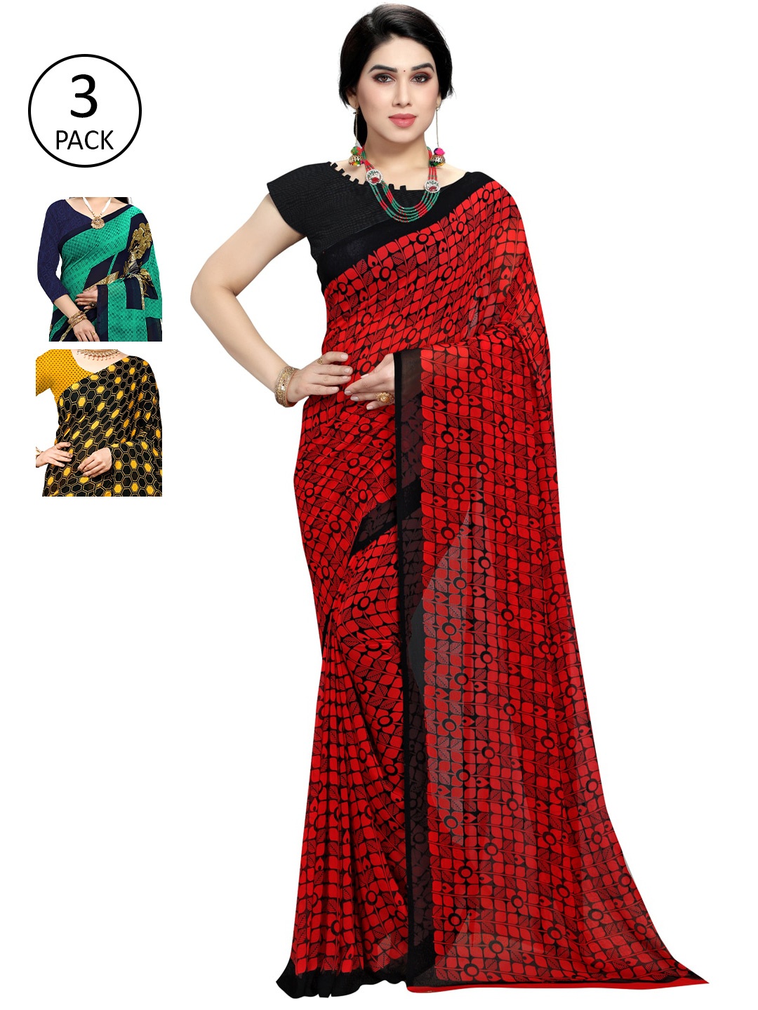 

KALINI Pack of 3 Red & Black Saree