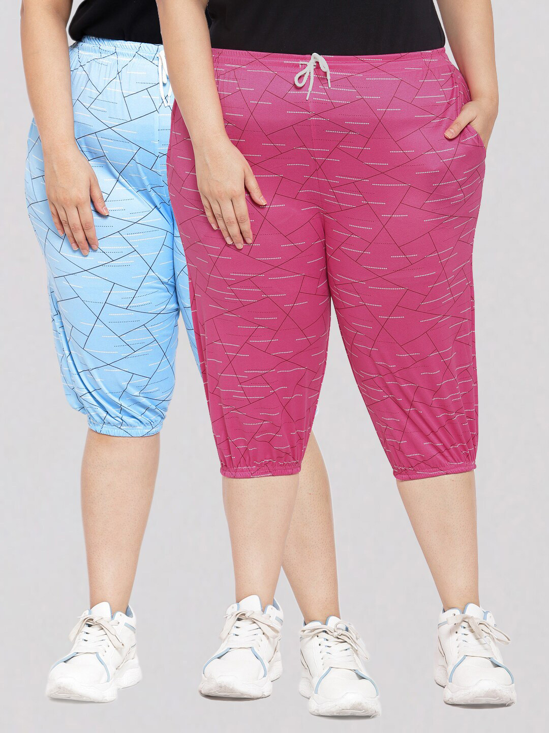 

KLOTTHE Women Plus Size Pack of 2 Blue & Pink Printed Capris