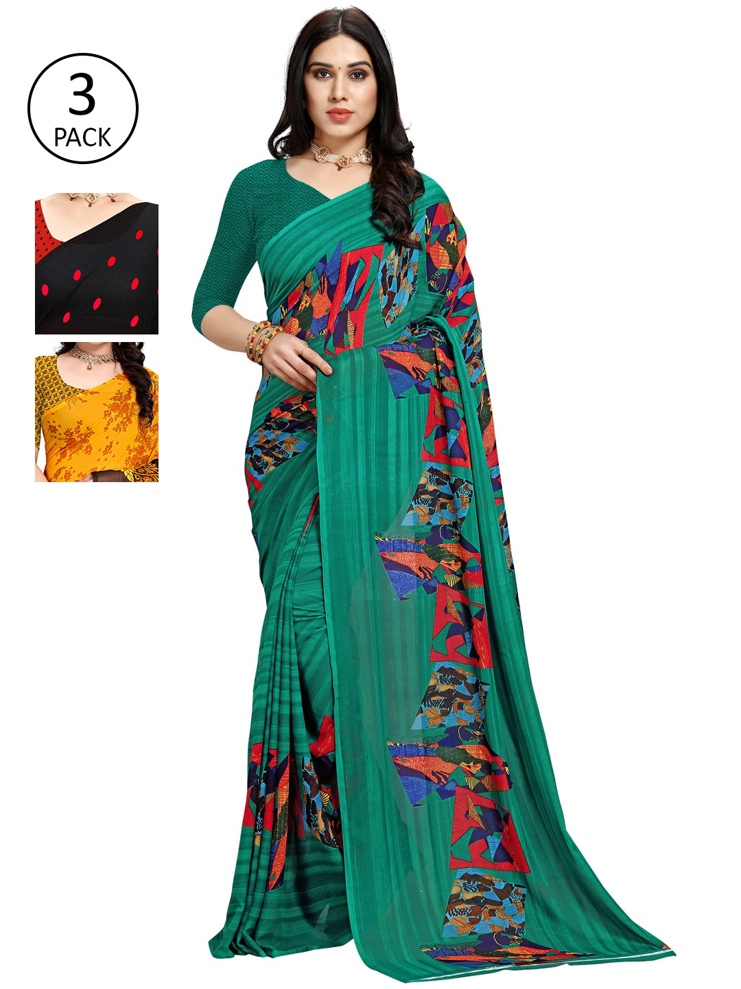 

KALINI Multicoloured Set of 3 Poly Georgette Saree, Multi