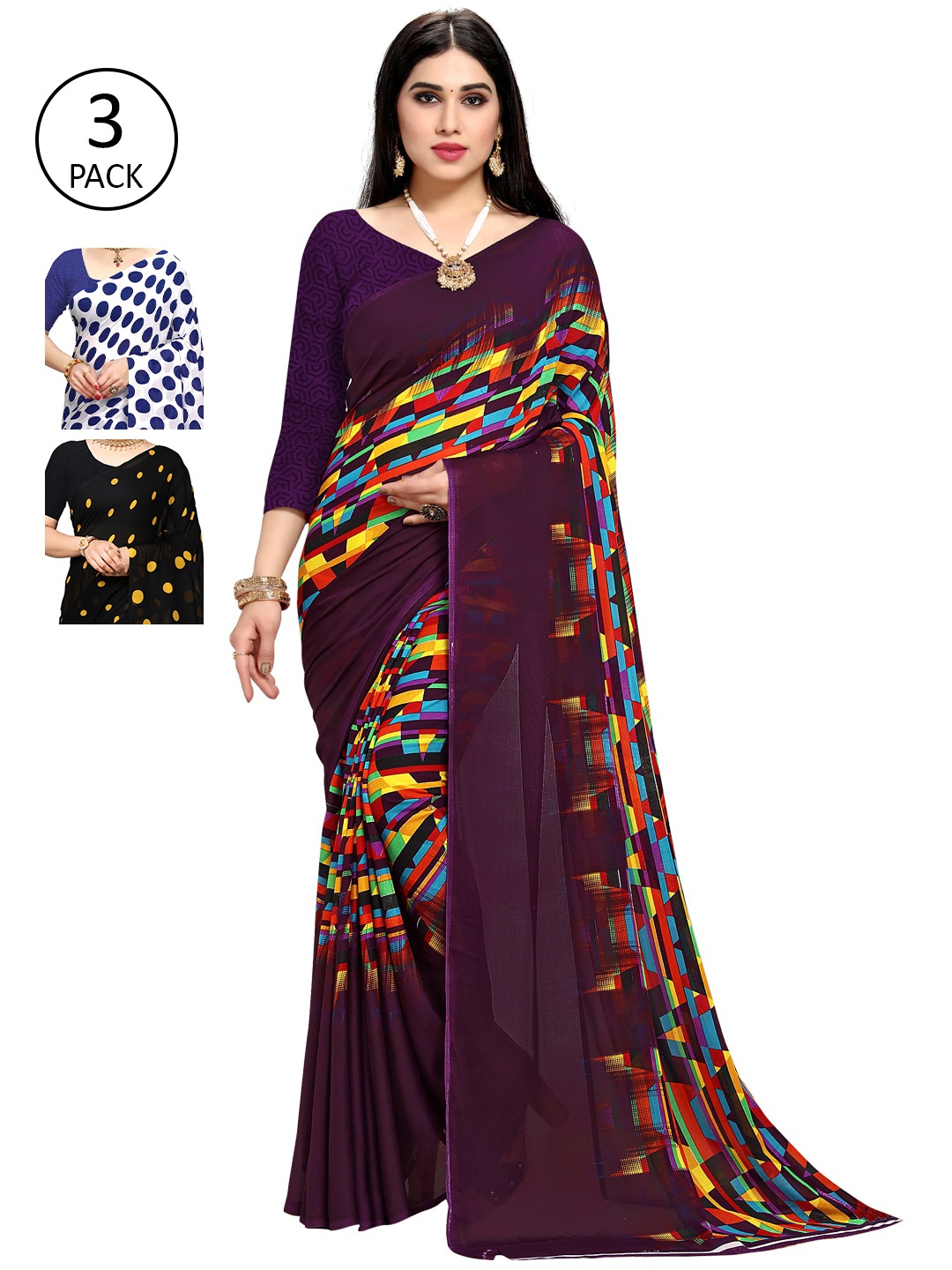 KALINI Pack Of 3 Poly Georgette Sarees, Burgundy