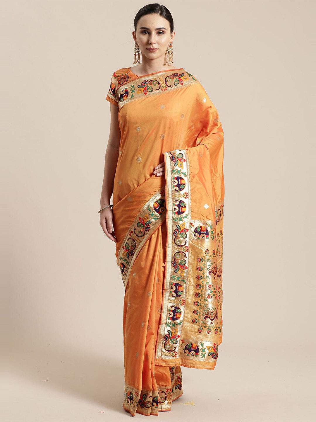 

Saree mall Mustard Brown & Beige Ethnic Motifs Silk Blend Sarees