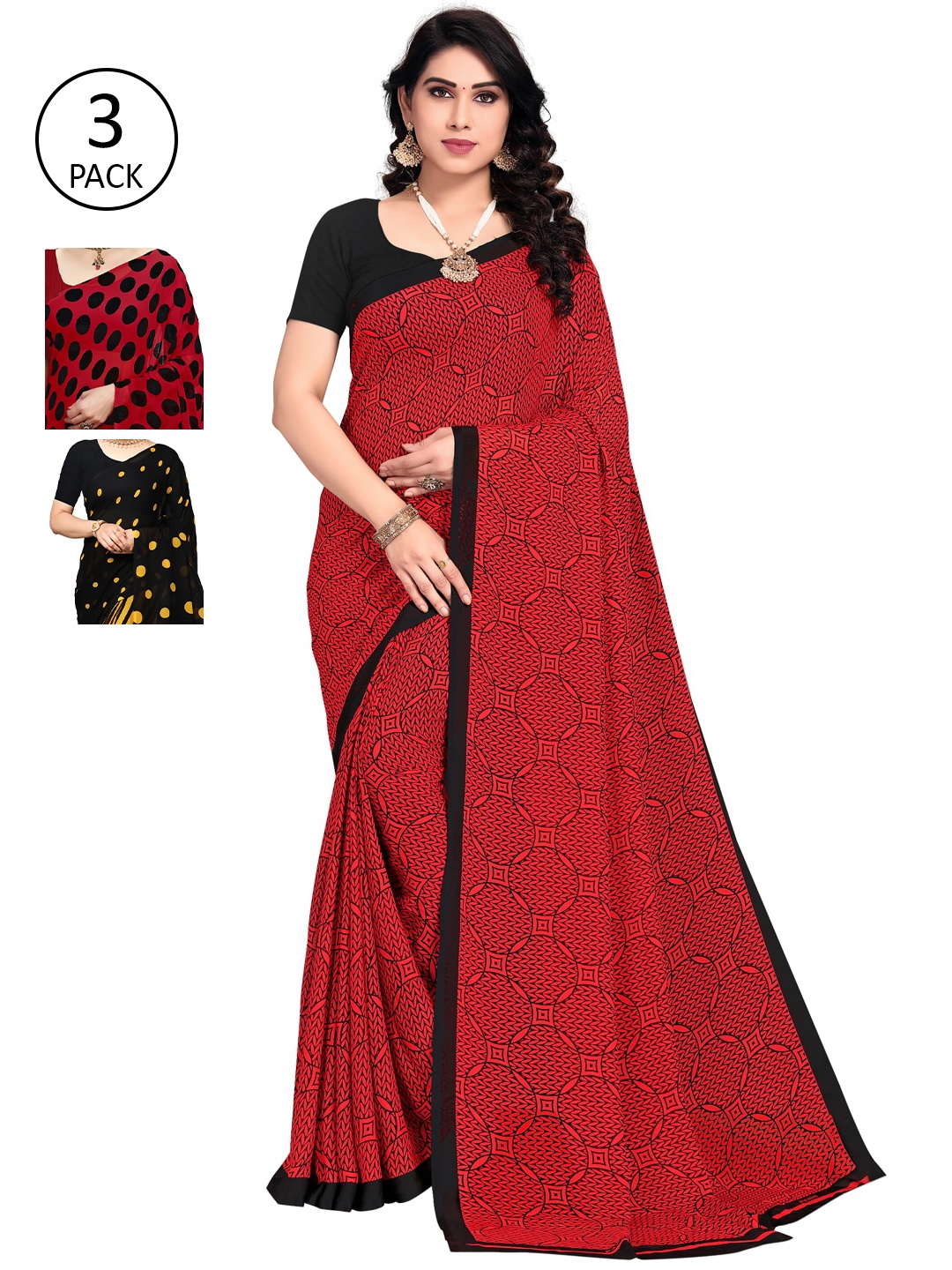 

KALINI Women Pack of 3 Printed Poly Georgette Sarees, Red