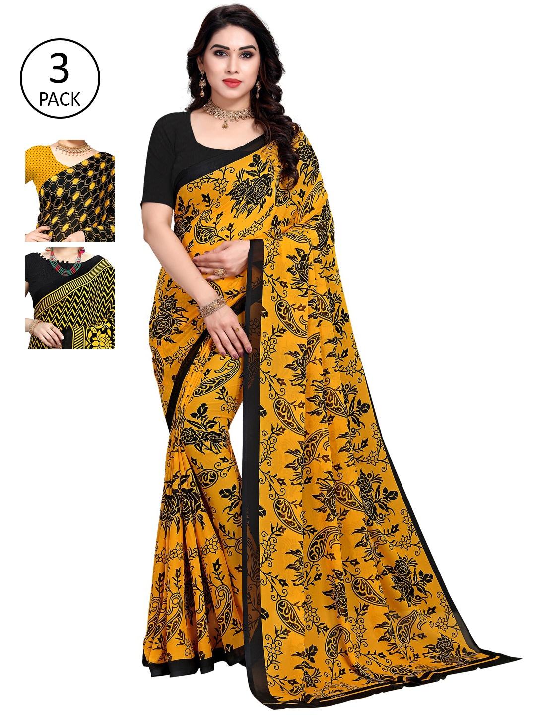 

KALINI Pack Of 3 Poly Georgette Sarees, Yellow