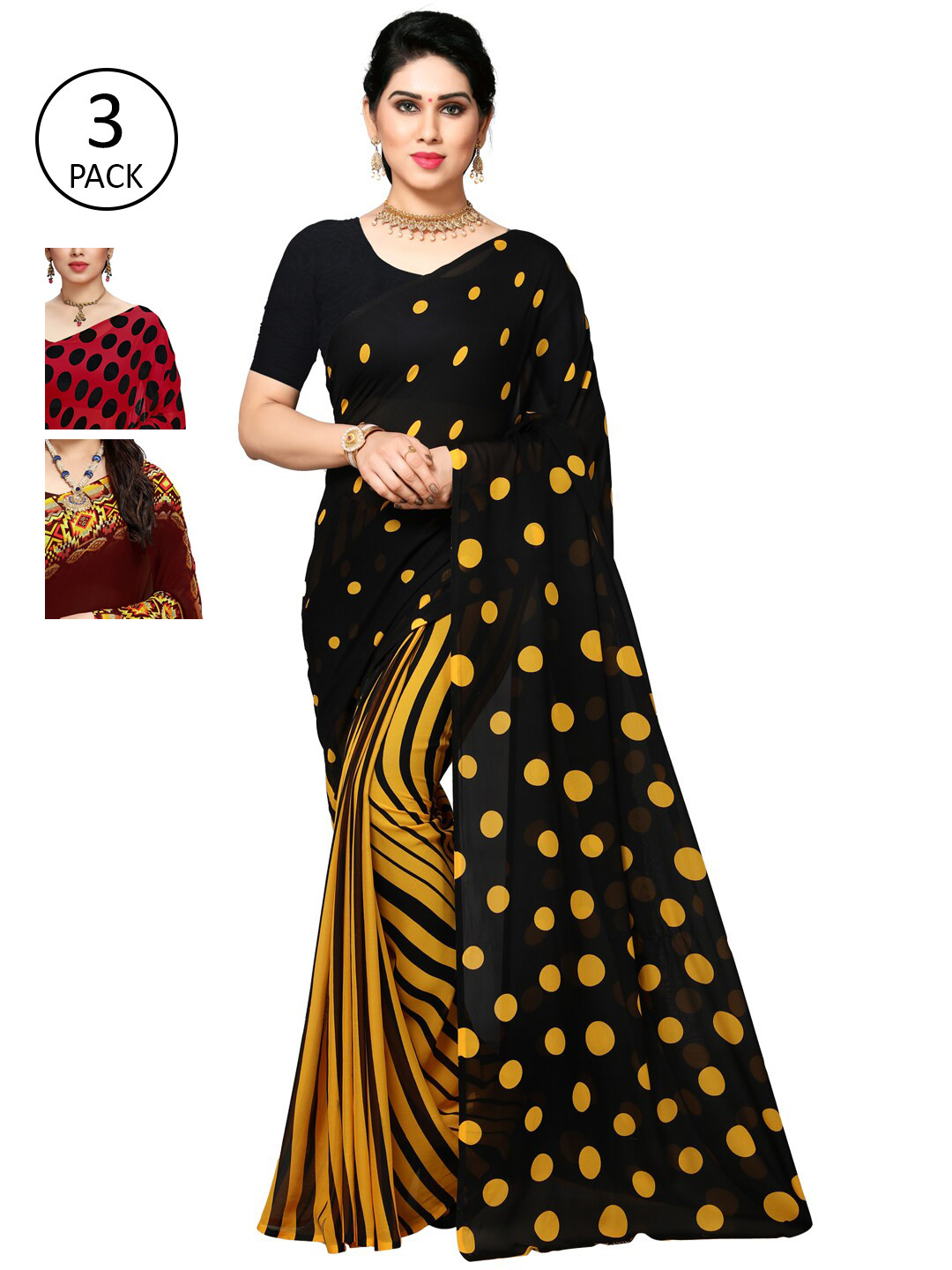 

KALINI Multicoloured Set of 3 Poly Georgette Saree, Multi