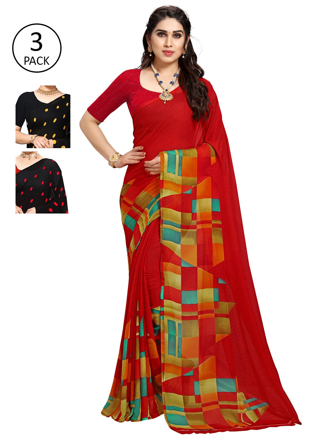 

ANAND SAREES Pack of 3 Poly Georgette Sarees, Yellow