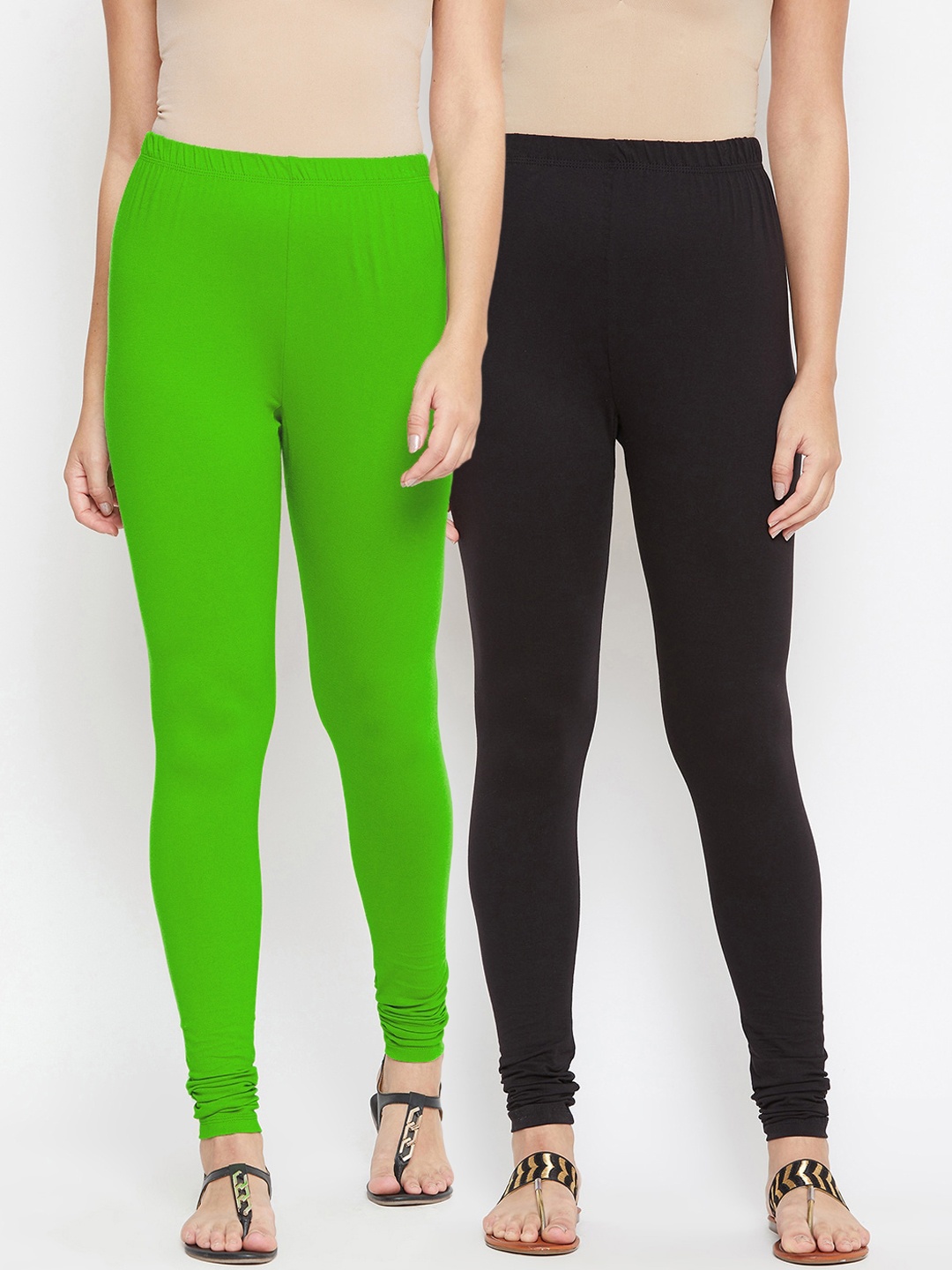 

Bitterlime Women Black & Green Pack of 2 Solid Churidar-Length Leggings