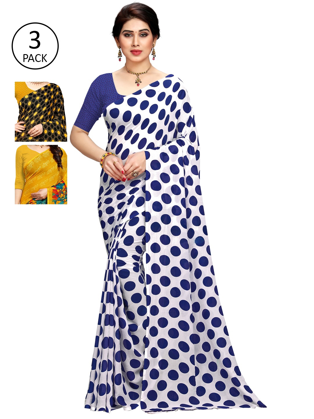 

KALINI Pack of 3 Printed Sarees, Blue