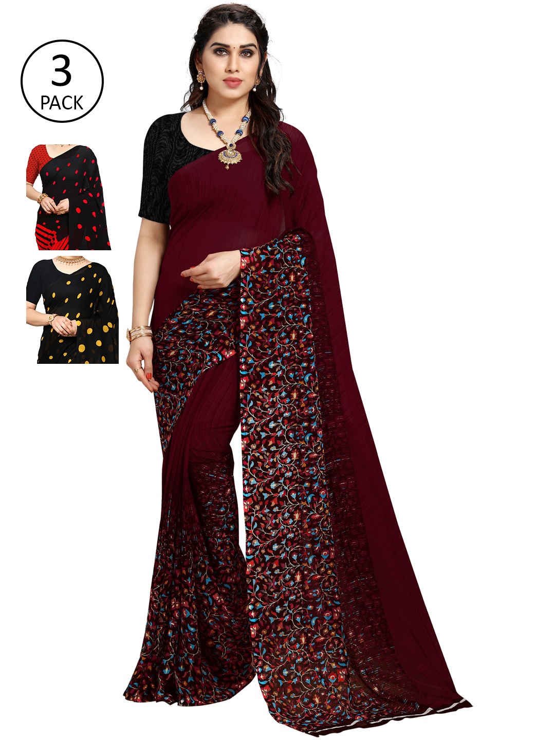 ANAND SAREES Pack Of 3 Poly Georgette Sarees, Burgundy