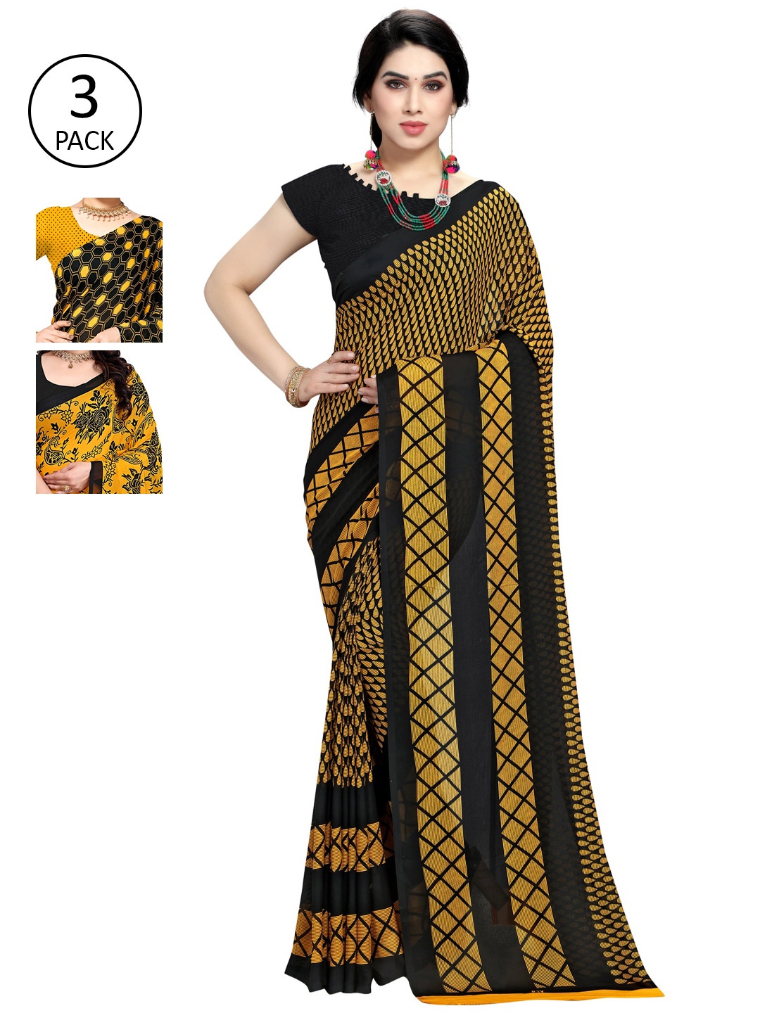 

KALINI Yellow & Black Floral Pack of 3 Saree