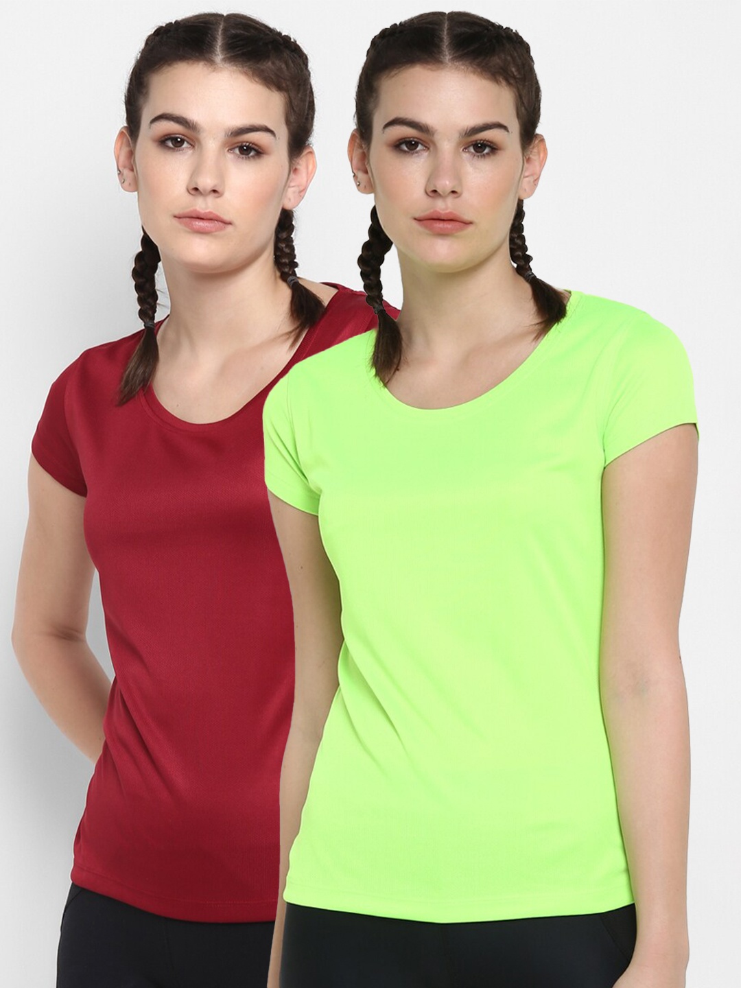 

ScoldMe Pack Of 2 Women Maroon & Fluorescent Green Slim Fit T-shirt