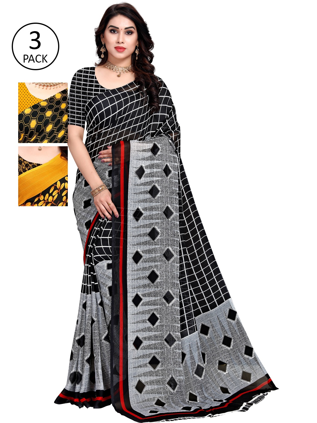 

KALINI Pack of 3 Poly Georgette Sarees, Grey