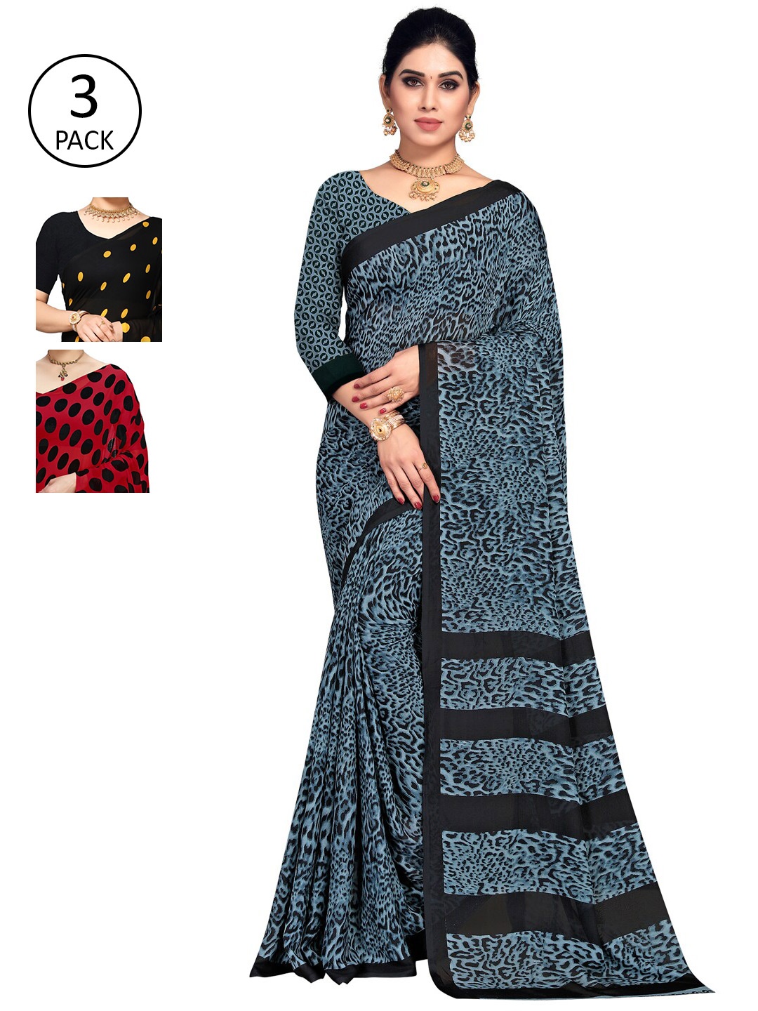 

ANAND SAREES Pack Of 3 Poly Georgette Sarees, Blue