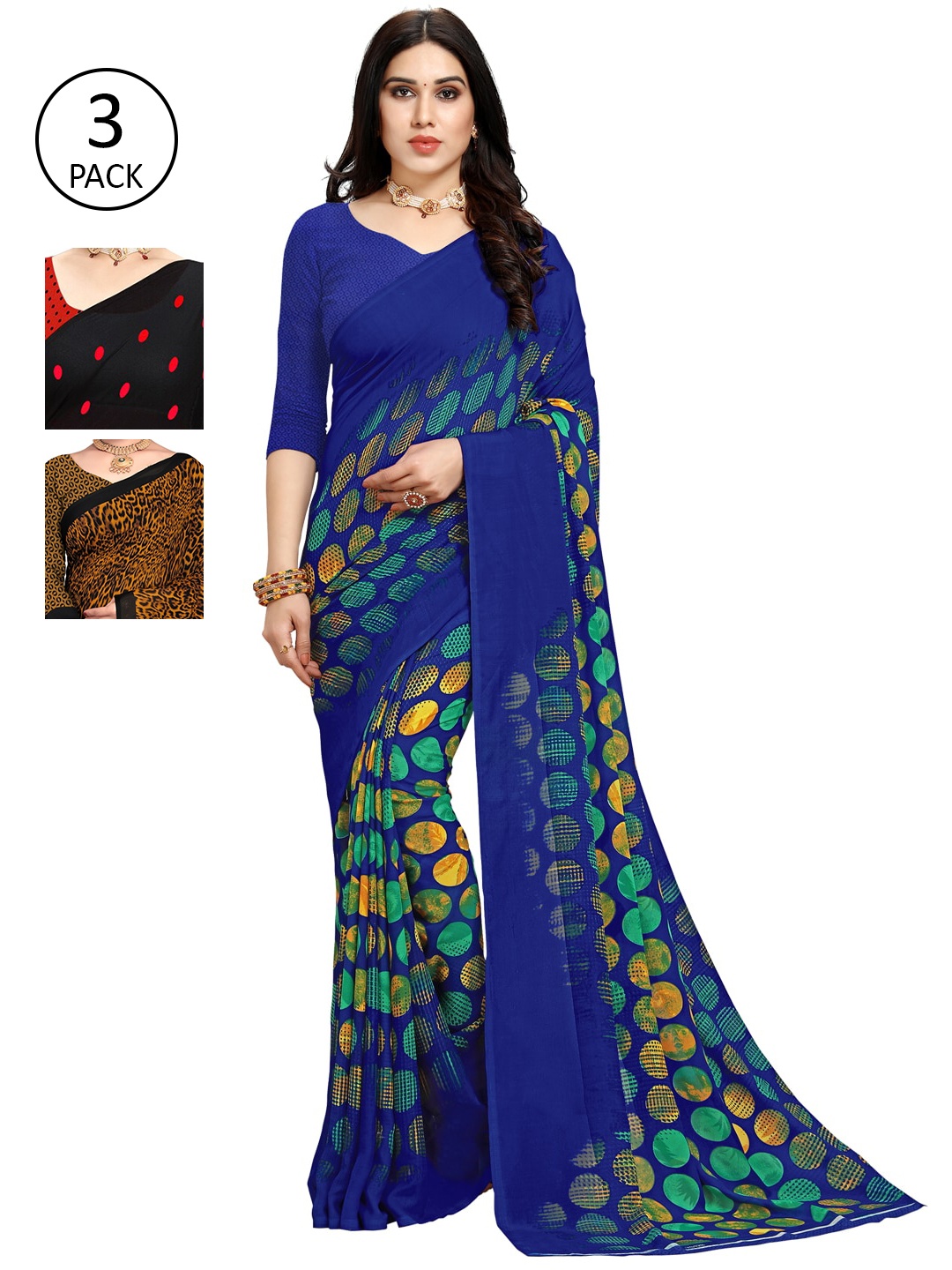 

ANAND SAREES Pack Of 3 Khaki-Coloured & Blue Saree