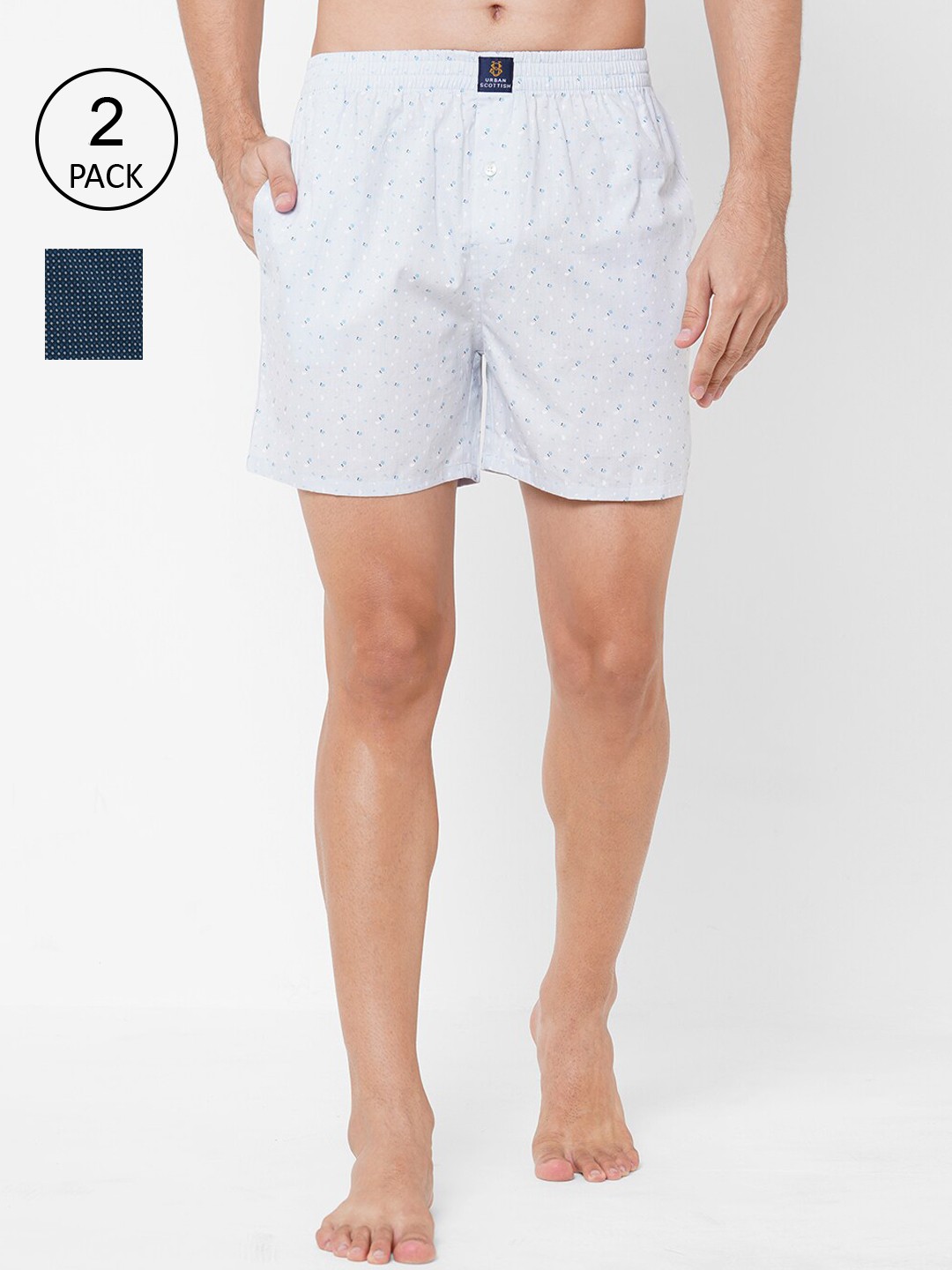

URBAN SCOTTISH Men Pack Of 2 Printed Pure Cotton Boxers USBX2121-S, Navy blue
