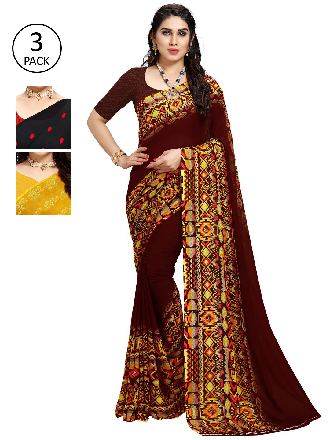 

KALINI Women Pack of 3 Printed Sarees, Black