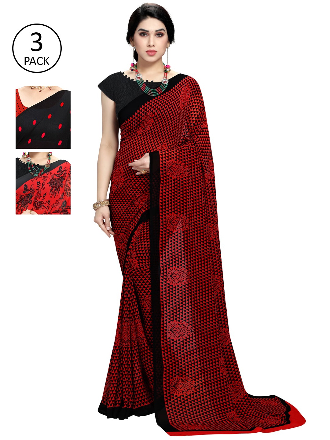 

KALINI Women Pack of 3 Printed Poly Georgette Sarees, Red