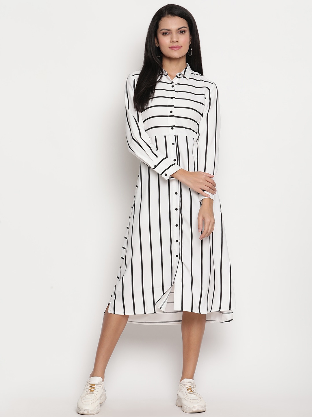 

HOUSE OF KKARMA White & Black Striped A-Line Midi Dress