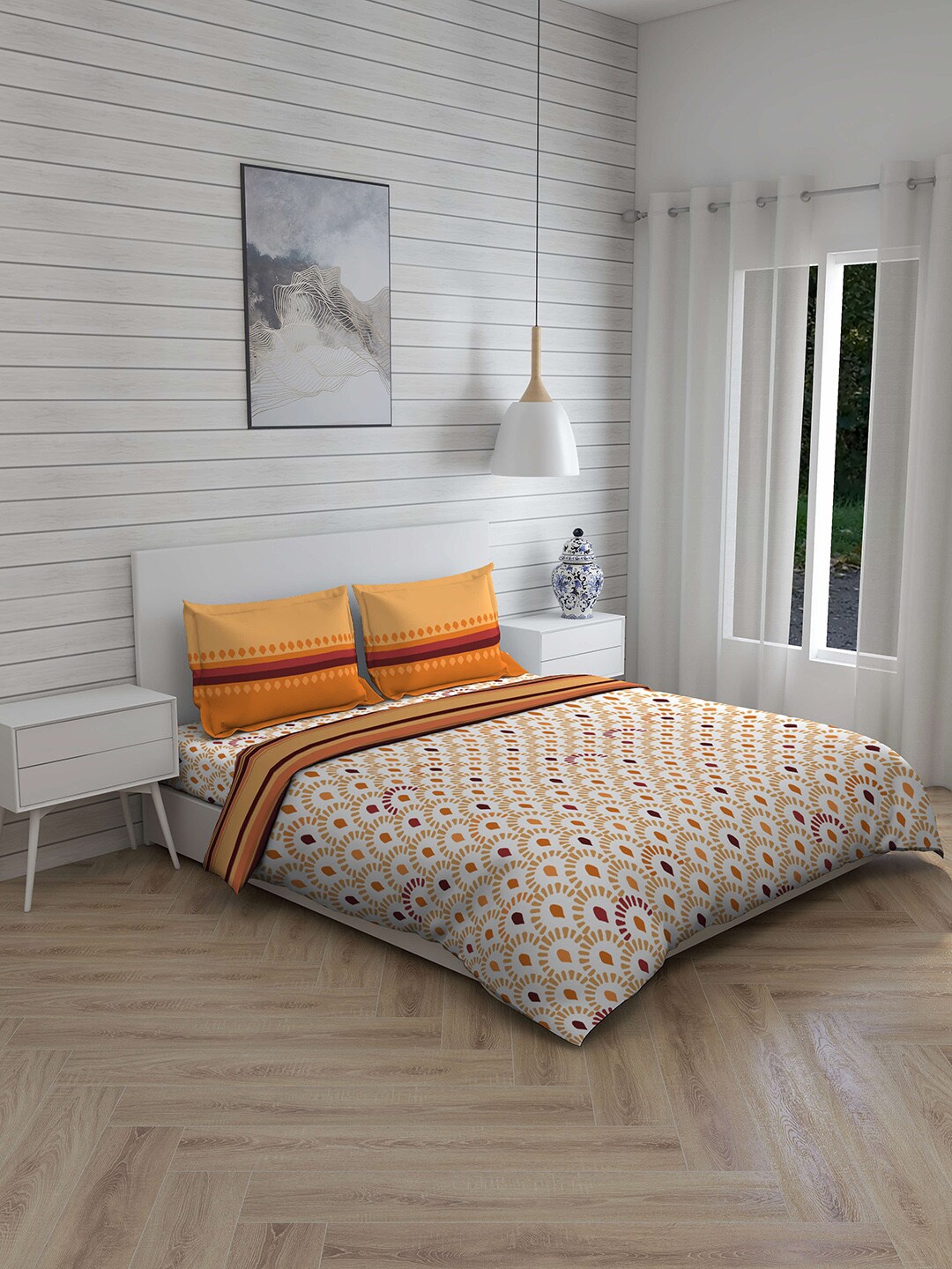 

Layers White & Orange Geometric Printed 144 TC Pure Cotton Double Queen Bedding Set With Comforter
