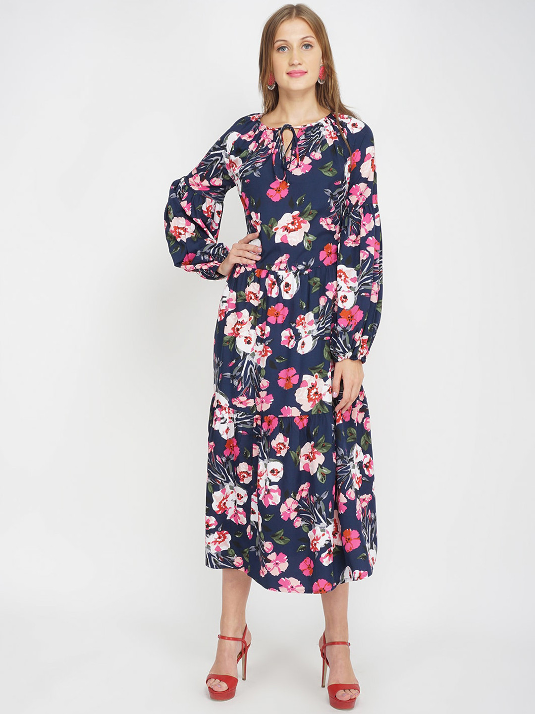 

Oxolloxo Navy Blue Floral Tie-Up Neck Satin A-Line Midi Dress