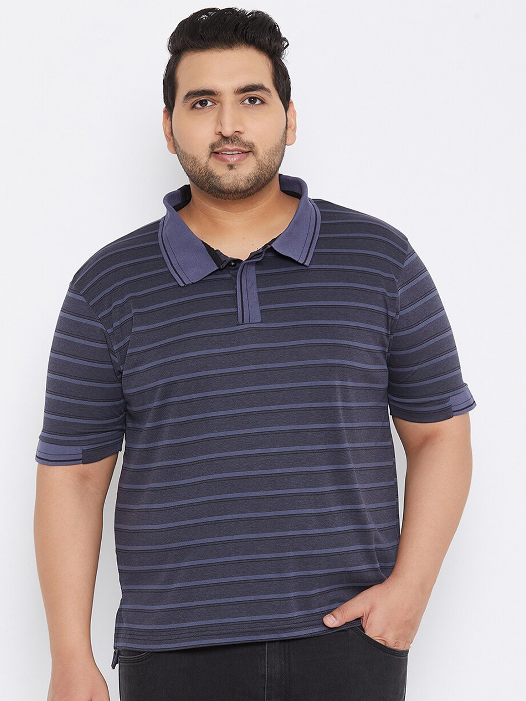 

Instafab Plus Men Grey Striped Polo Collar T-shirt