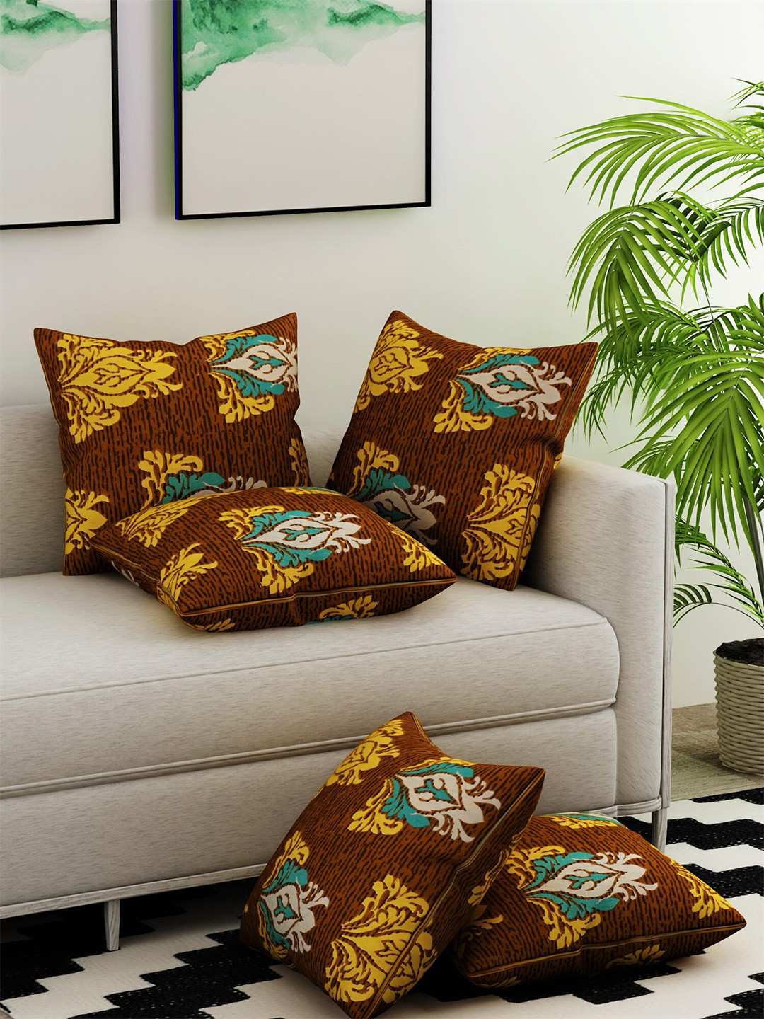 

Salona Bichona Brown & Yellow Set of 5 Ethnic Motifs Square Cotton Cushion Covers