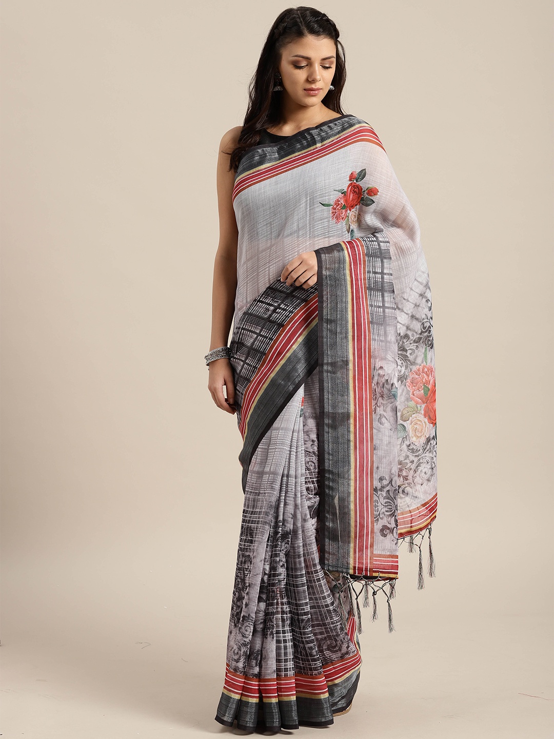 

Saree mall Grey & Red Floral Linen Blend Saree