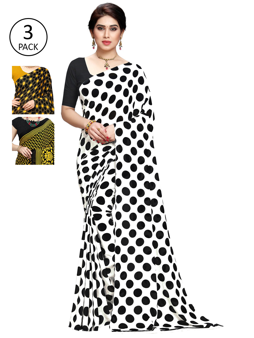 

KALINI Pack of 3 Printed Sarees, White