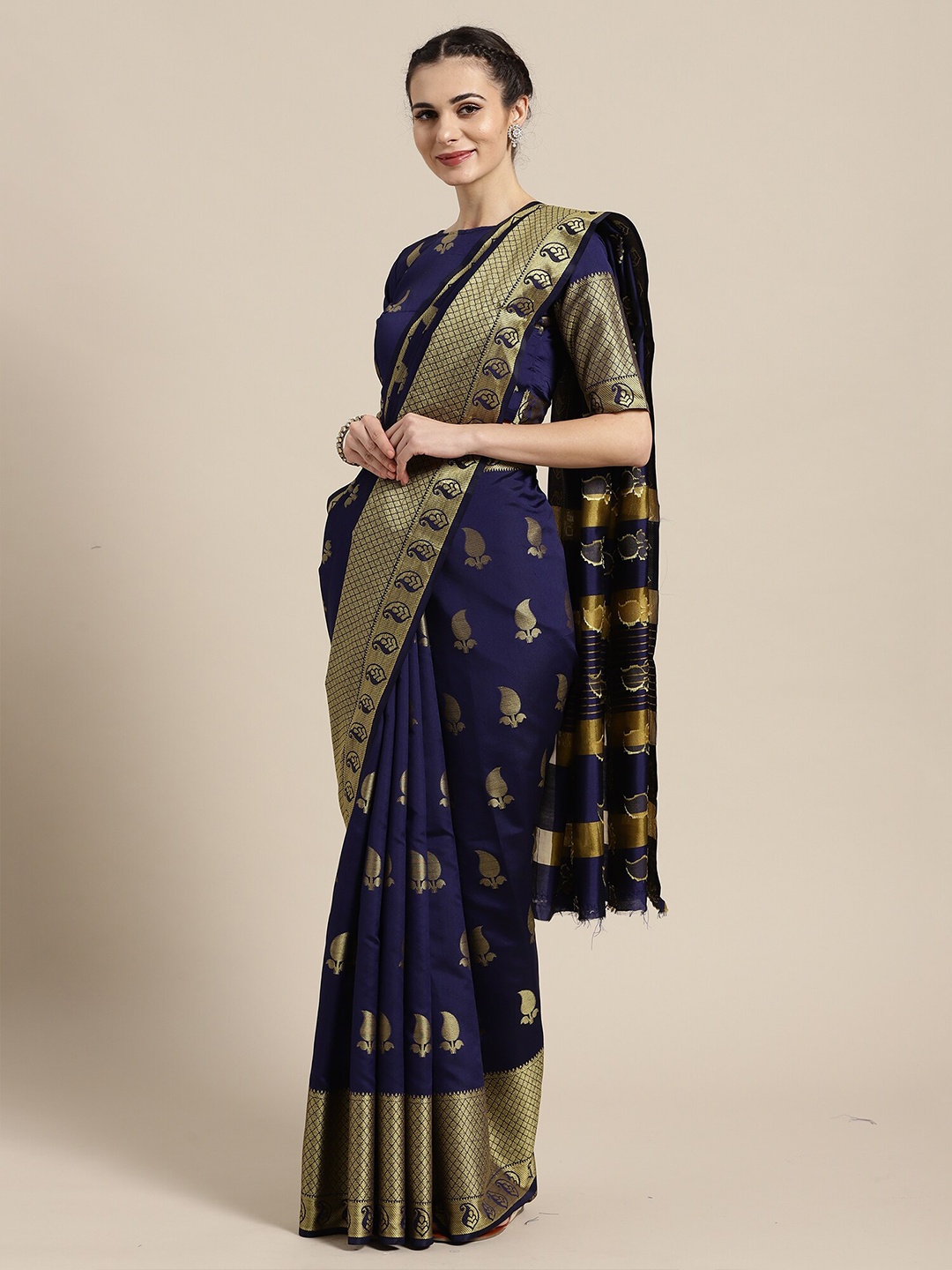 

Saree mall Navy Blue & Gold-Toned Paisley Zari Silk Blend Sarees